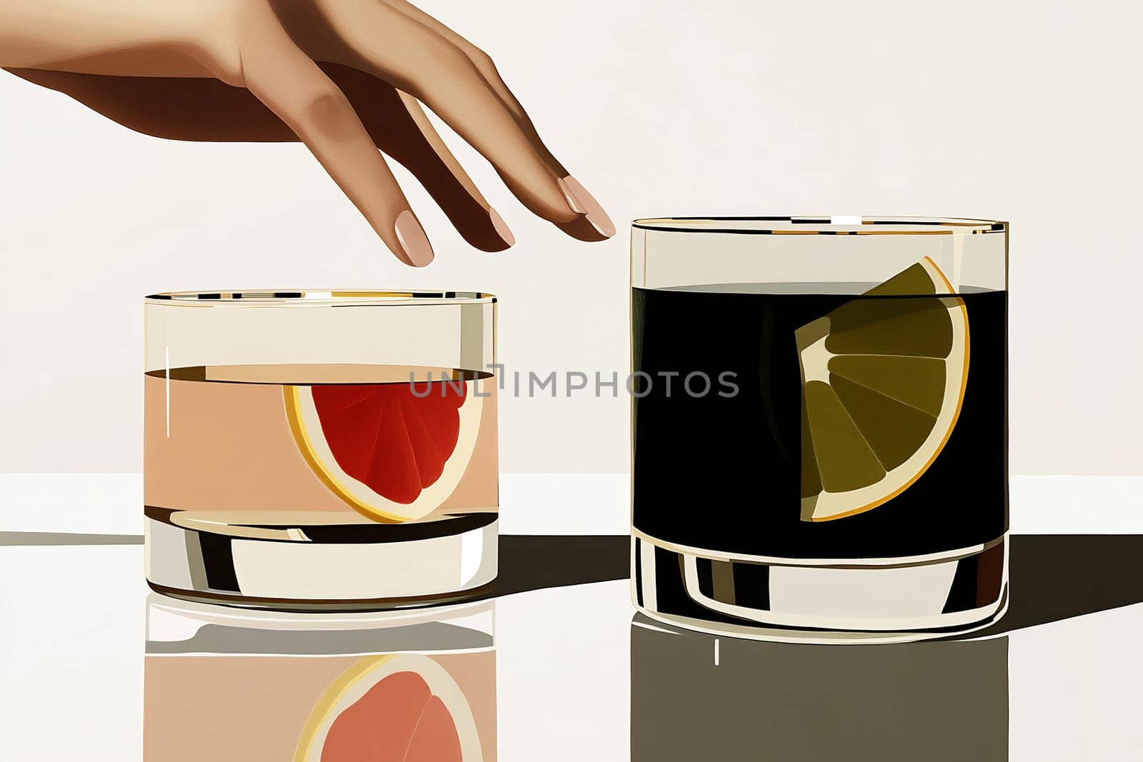 A hand reaches for one of two drinks, showcasing a grapefruit slice in one and a lemon wedge in another, highlighting refreshing choices.