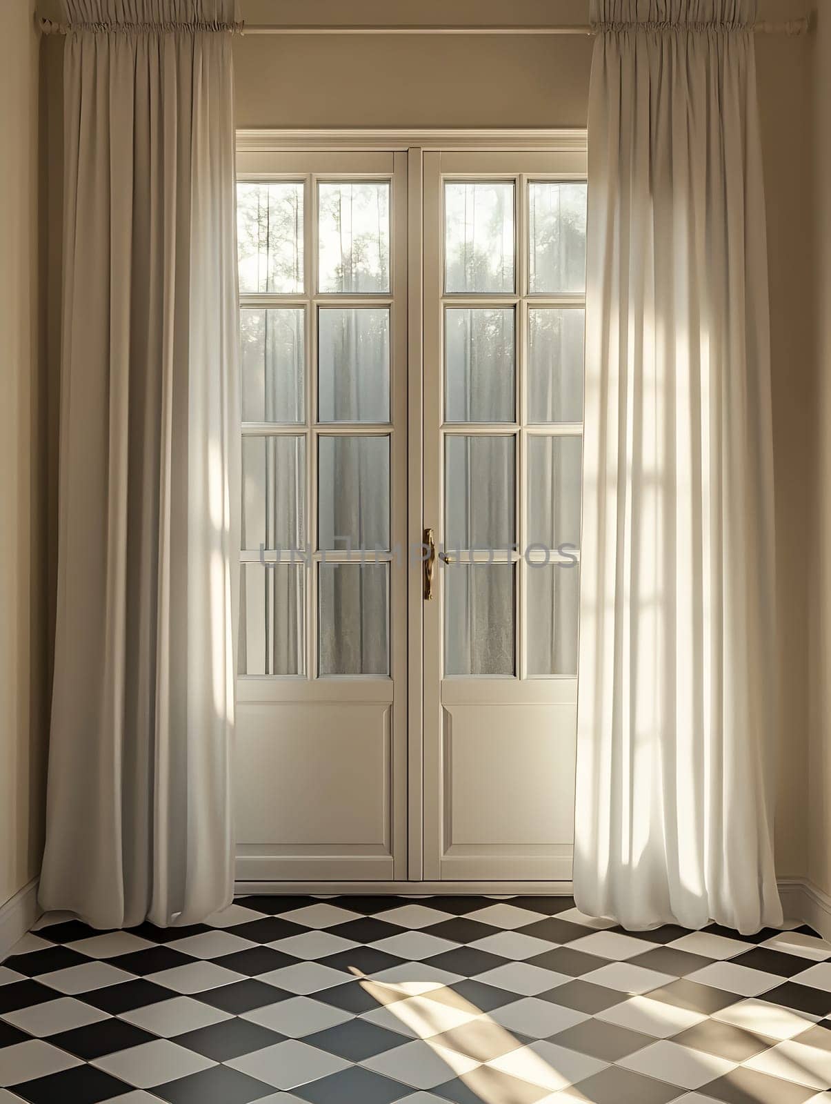 Soft sunlight filters through sheer curtains, illuminating a cozy room with a black and white checkered floor.