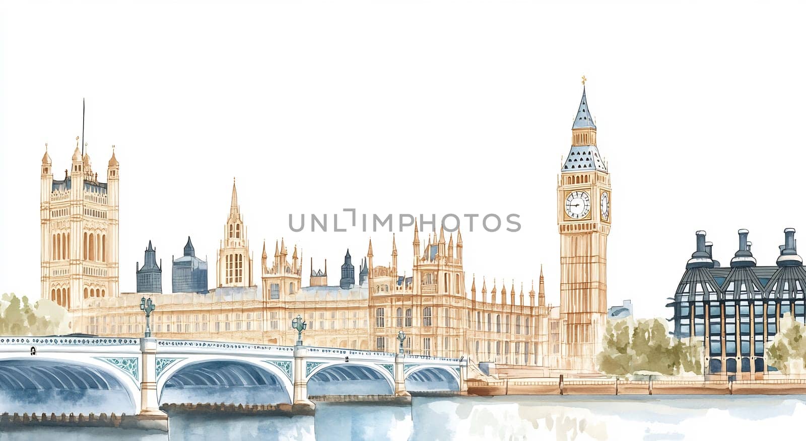 The artwork captures London's Parliament buildings alongside the River Thames in a beautiful watercolor style.