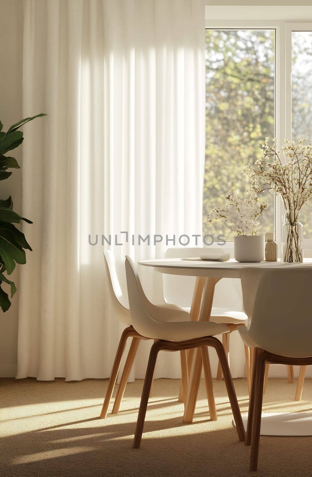 A serene dining area featuring a round table, minimalistic chairs, and soft sunlight streaming through sheer curtains.