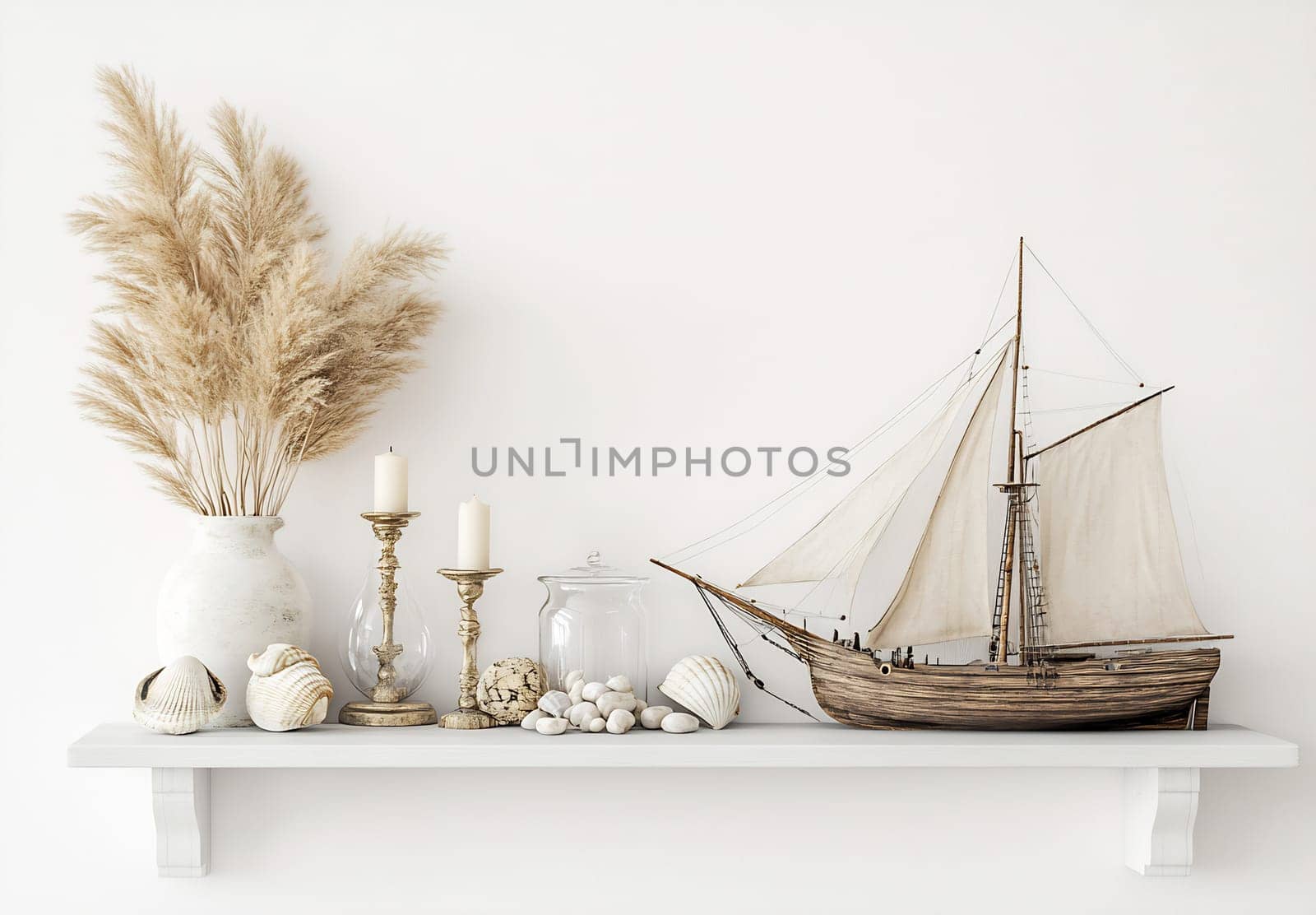 This display features a wooden sailboat alongside shells, candles, and pampas grass in a calming coastal setting.