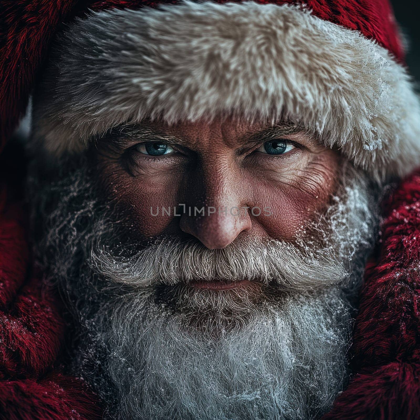 A cheerful Santa Claus with a snowy beard gazes warmly at the viewer wearing his traditional red suit adorned with white fur.