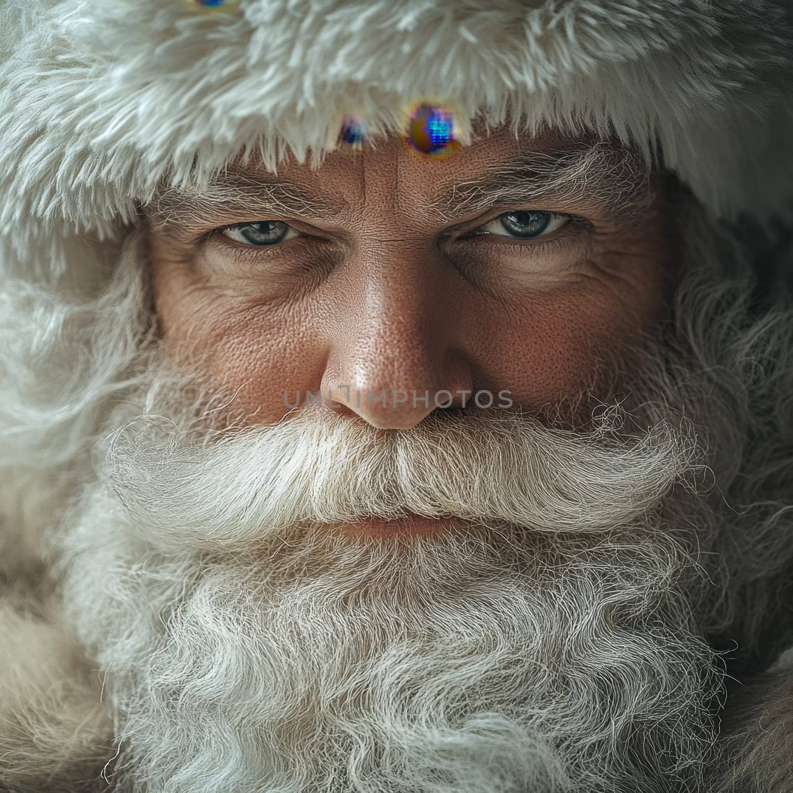A man is depicted with a prominent beard and winter hat showcasing a serious expression and intense gaze reflecting a wintry theme.