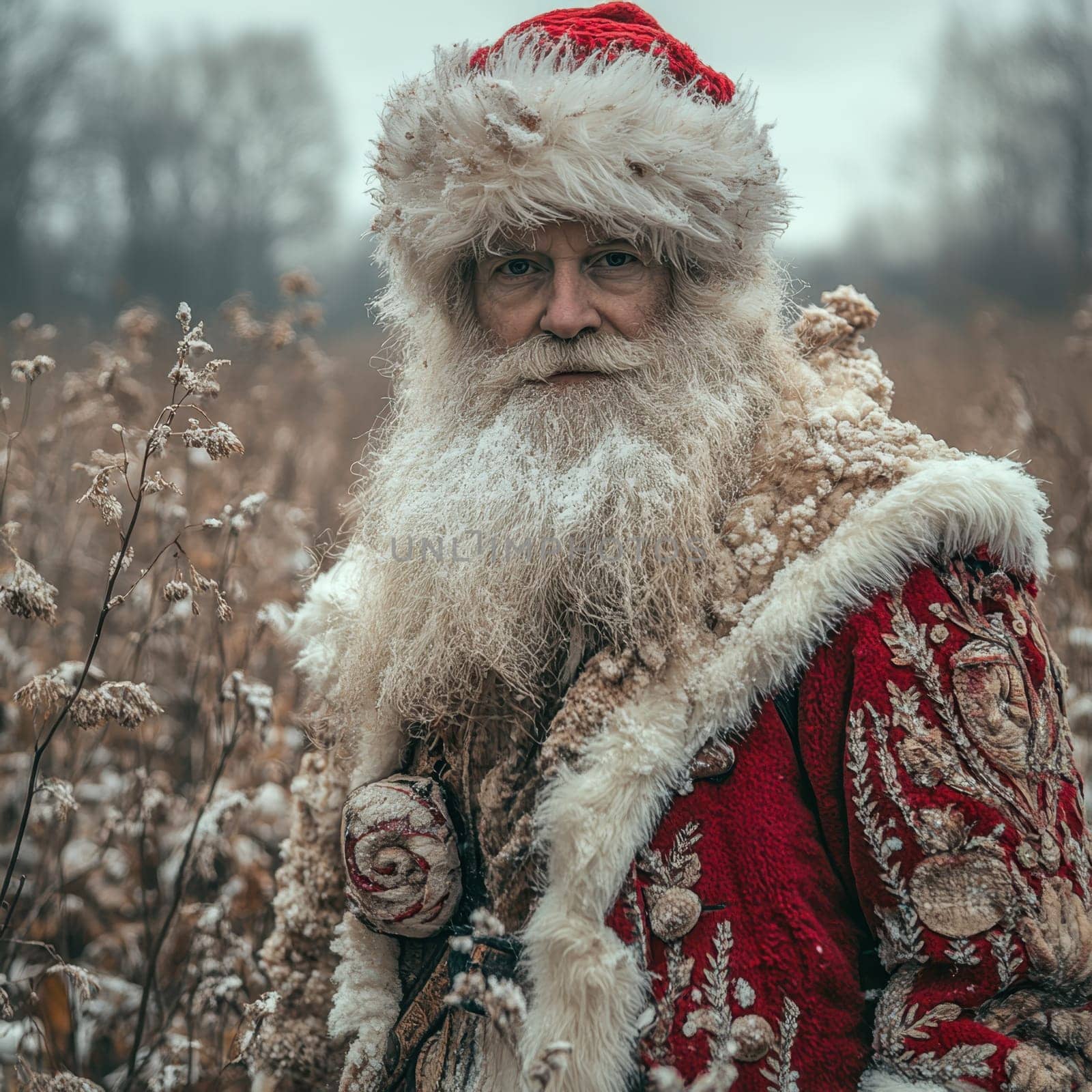 A man dressed in traditional winter clothing stands in a snowy field surrounded by frosty plants embodying the spirit of the season.