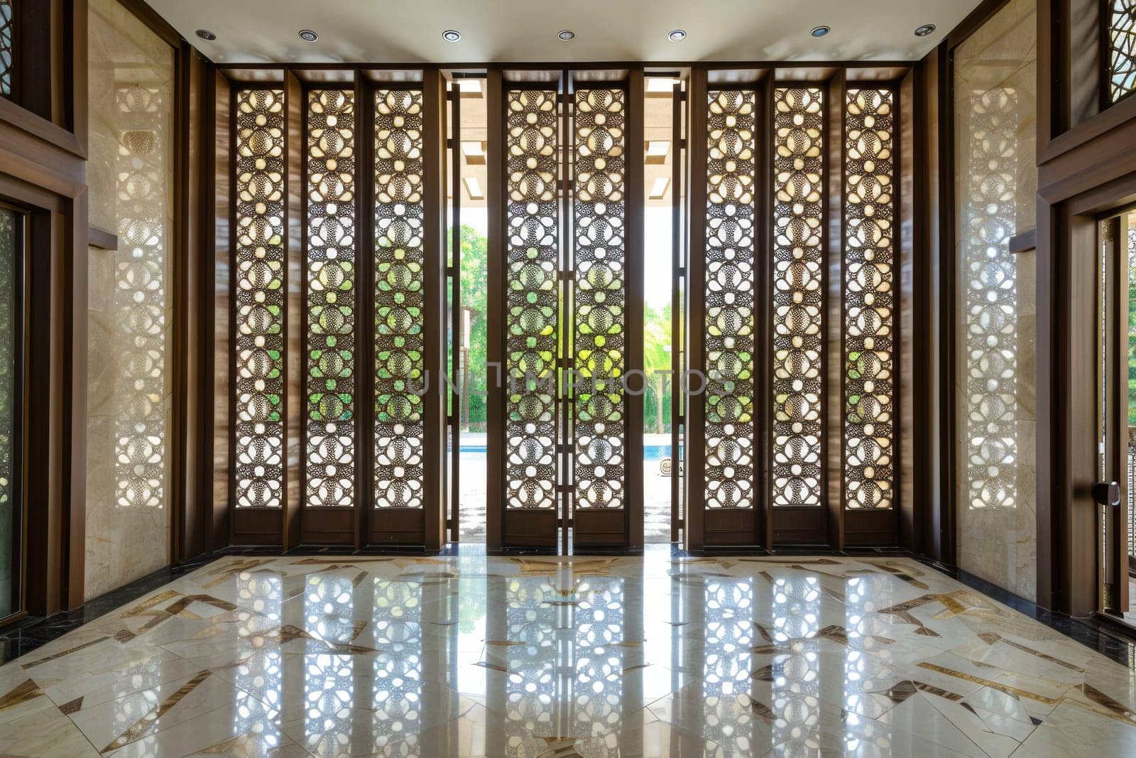 Decorative Islamic screens with geometric patterns, dividing spaces while adding visual interest.