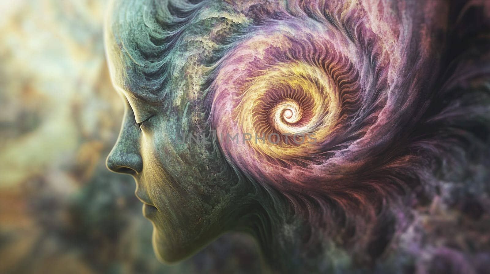 Hypnosis, brain with hypnotic, dynamic vortex spiral, addicted to social media, manipulation and mind control, world of illusion