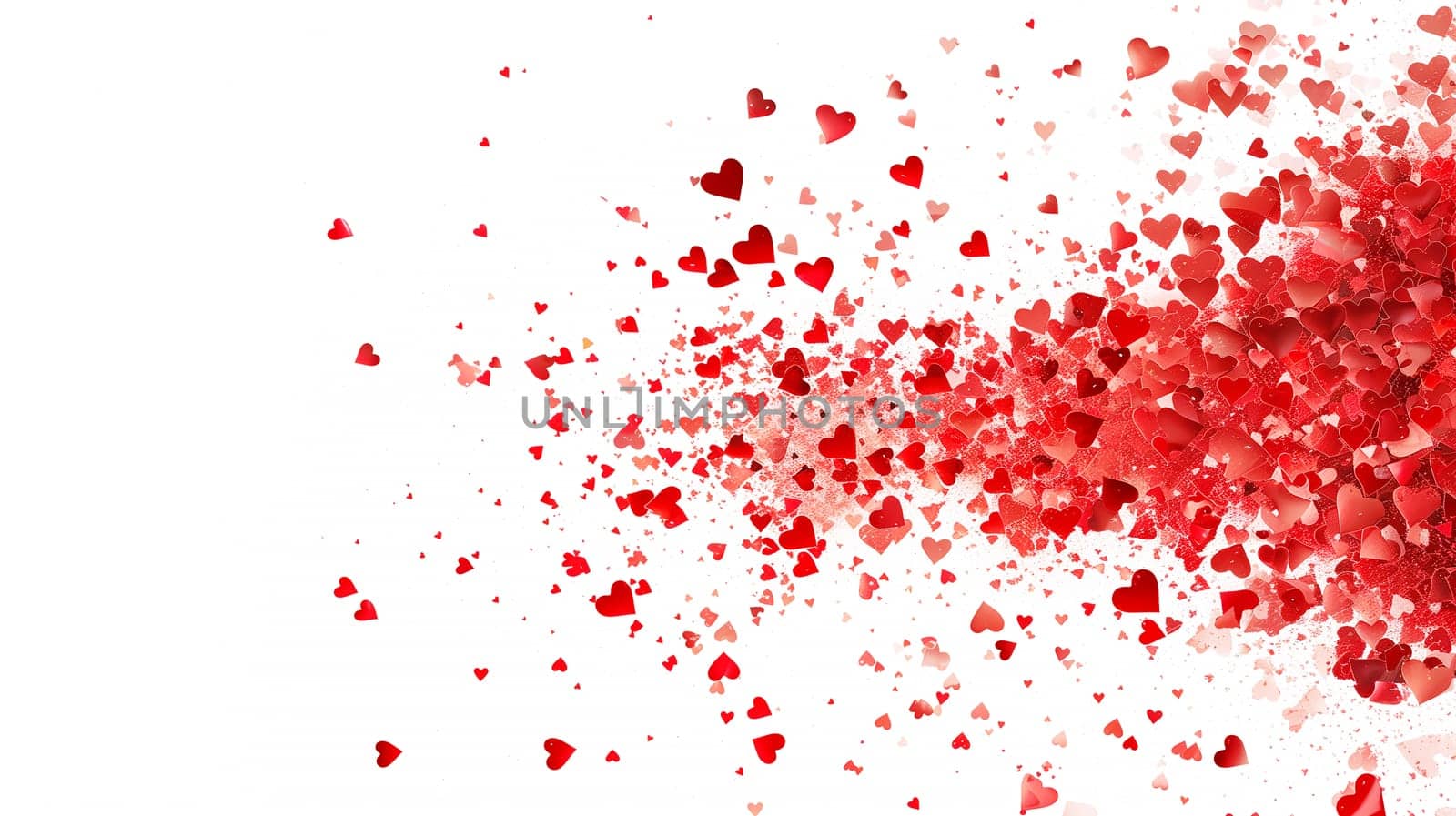 Red hearts explosion cloud, vibrant color confetti splash, love and emotion, heart particles, valentine day, isolated white background