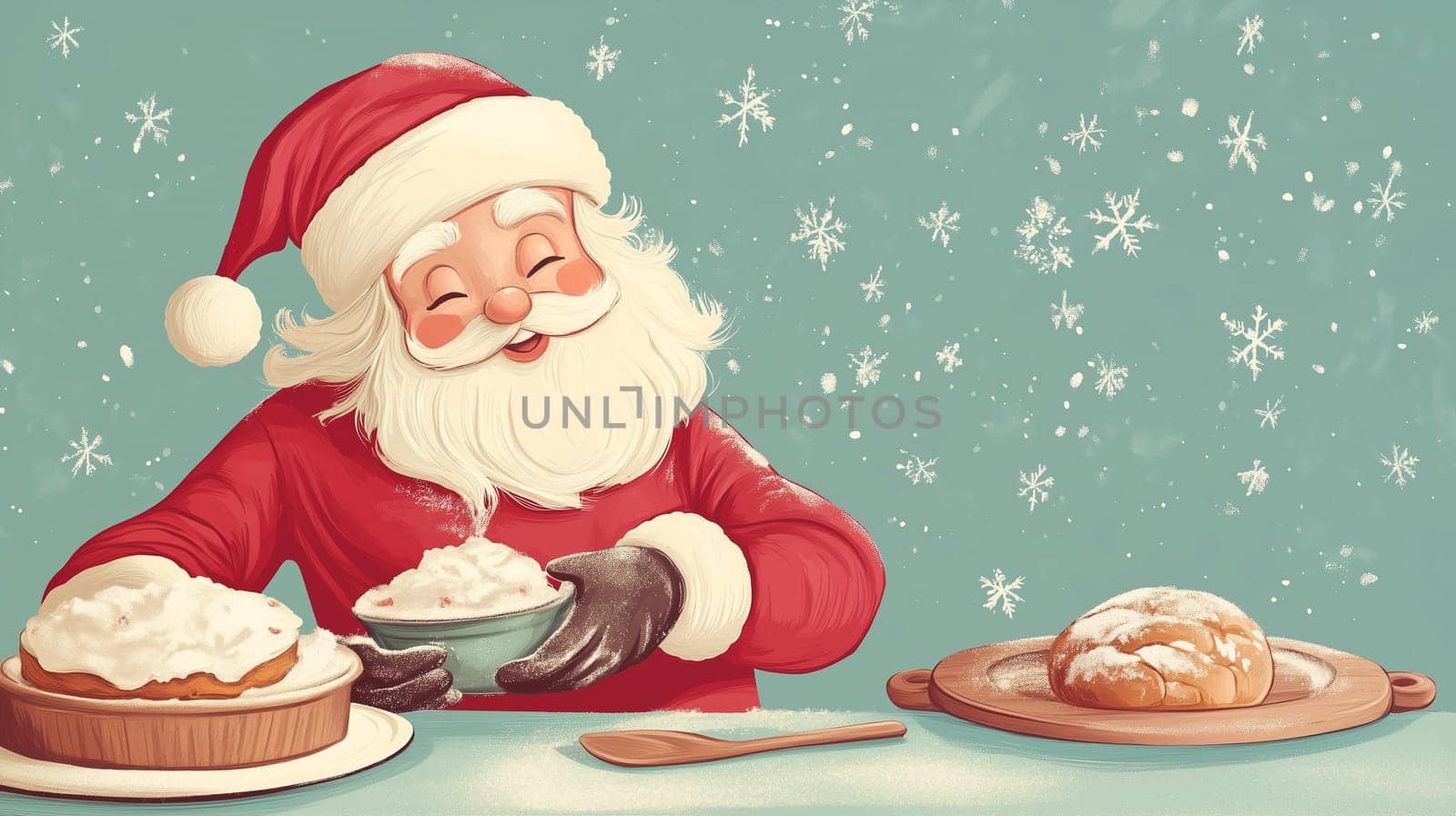 Santa Claus is baking cookies and cake for christmas eve in the kitchen, winter holiday season, xmas greeting card