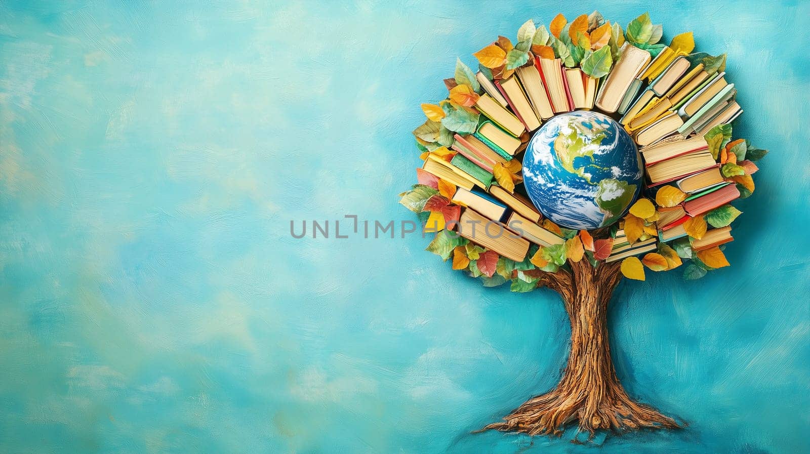 Education, knowledge and skill learning with literature, world book day, books growing on a tree, planet earth, reading a story