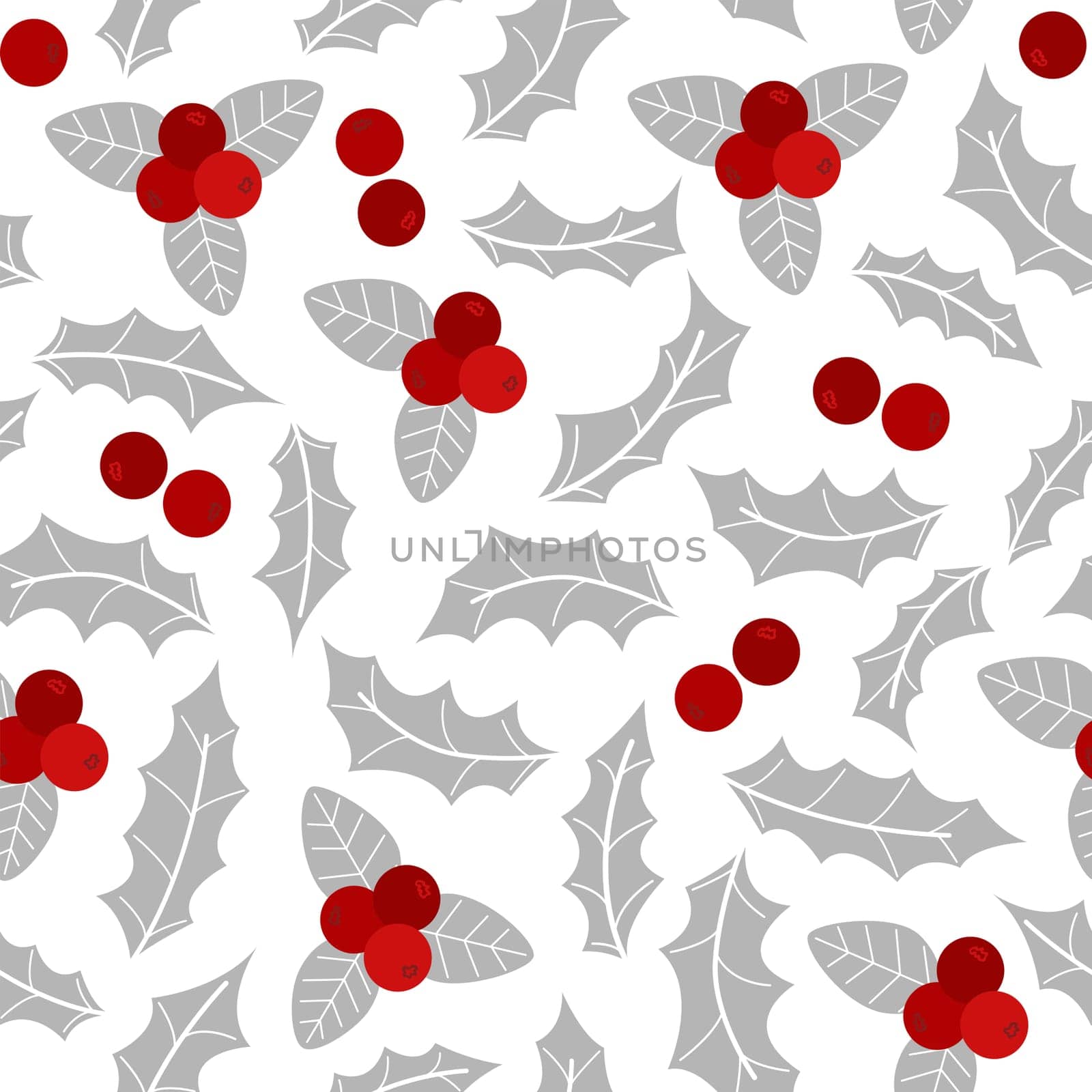 Silver holly leaves and berries seamless pattern. Natural traditional winter holiday background. Christmas print for textile, packaging, paper, backdrop and other design, vector graphic