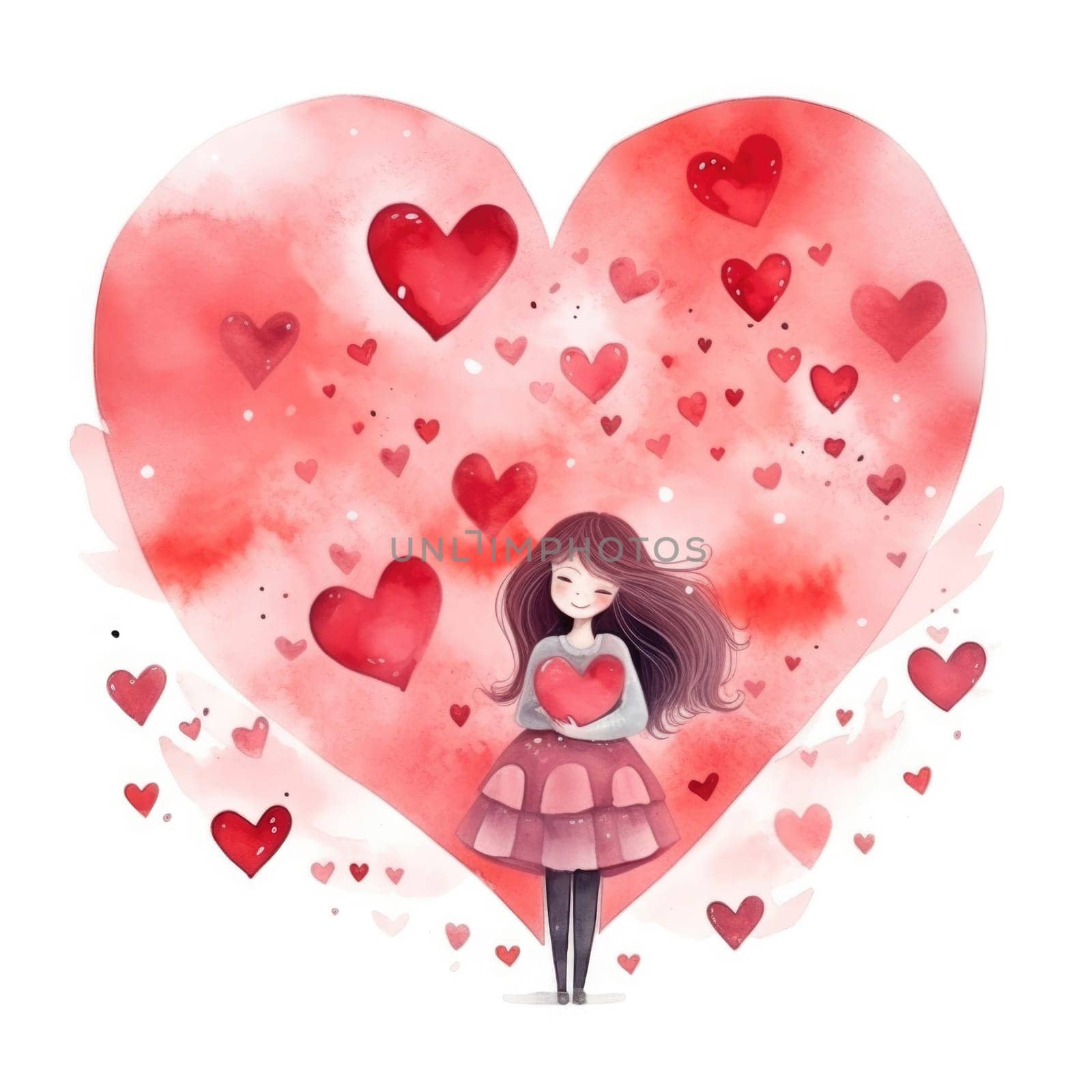 Girl holding red heart on big heart background. Romantic watercolor illustration. Cute girl with heart for valentine's day