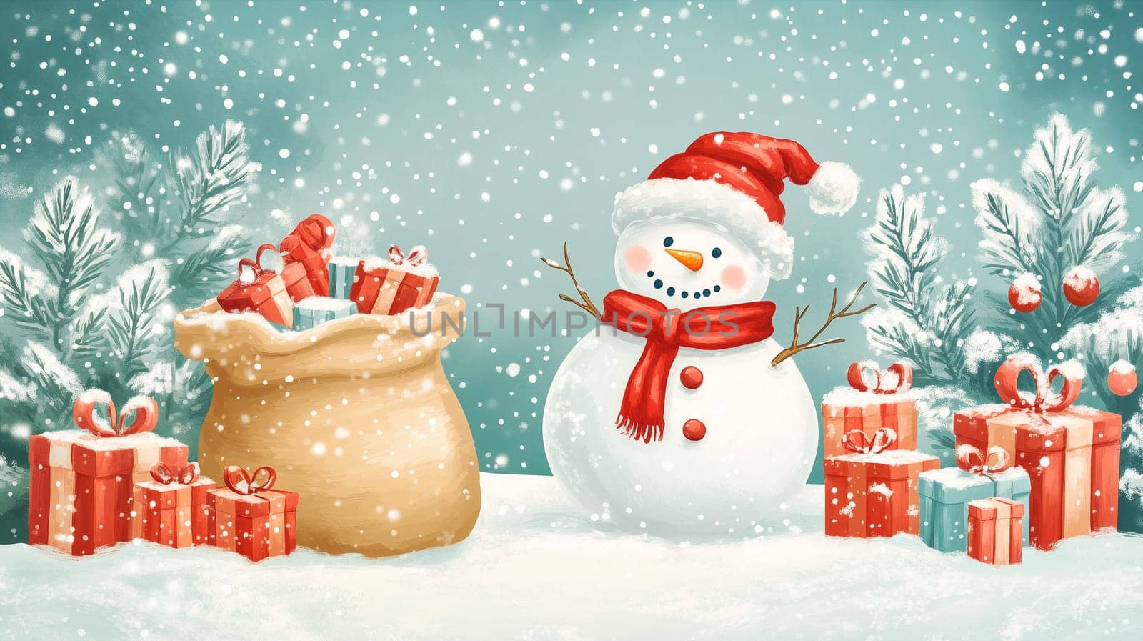 Happy smiling Snowman with a huge sack filled with gift box for children, snowflakes, winter holiday season, christmas greeting card