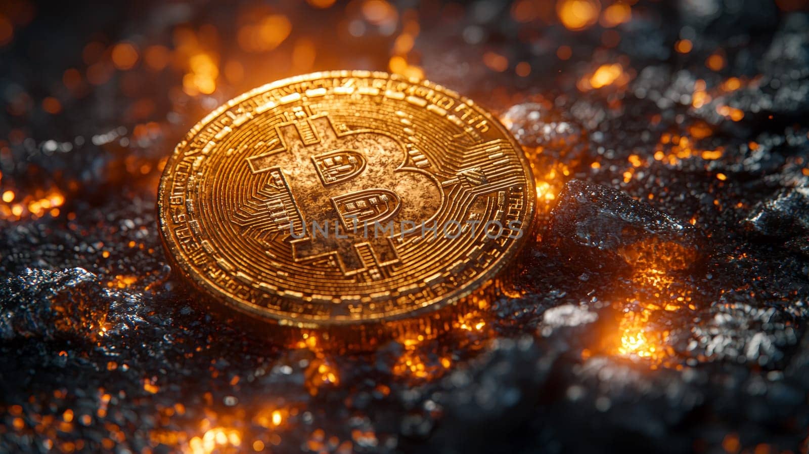 A high-quality, high-resolution conceptual image centered on Bitcoin, symbolizing its role in the financial and stock market. This visual representation captures the essence of cryptocurrency in modern financial contexts with sharp, detailed design.