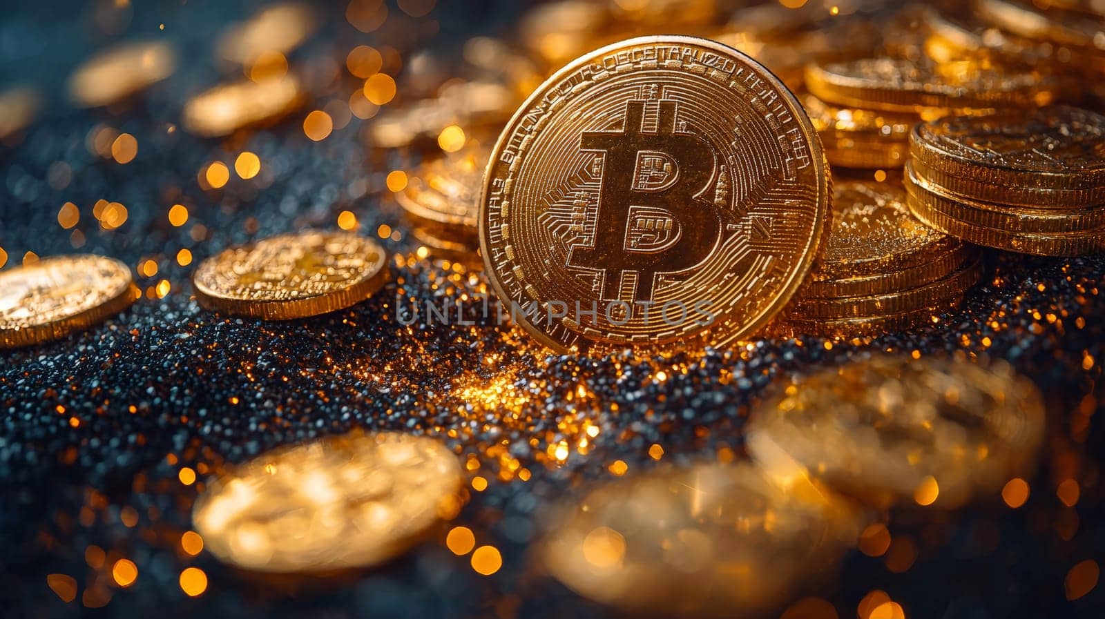 A high-quality, high-resolution conceptual image centered on Bitcoin, symbolizing its role in the financial and stock market. This visual representation captures the essence of cryptocurrency in modern financial contexts with sharp, detailed design.
