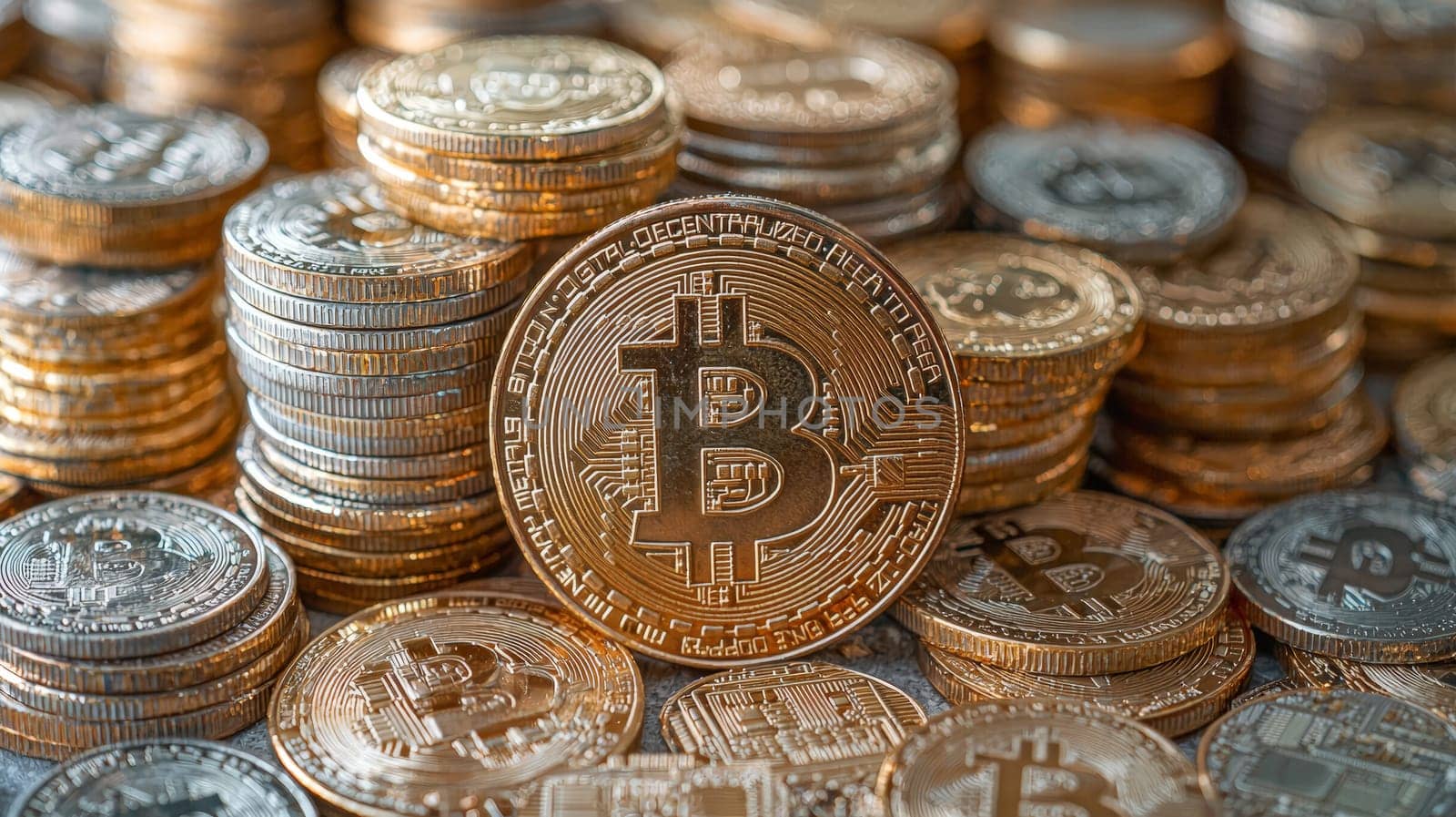 A high-quality, high-resolution conceptual image centered on Bitcoin, symbolizing its role in the financial and stock market. This visual representation captures the essence of cryptocurrency in modern financial contexts with sharp, detailed design.