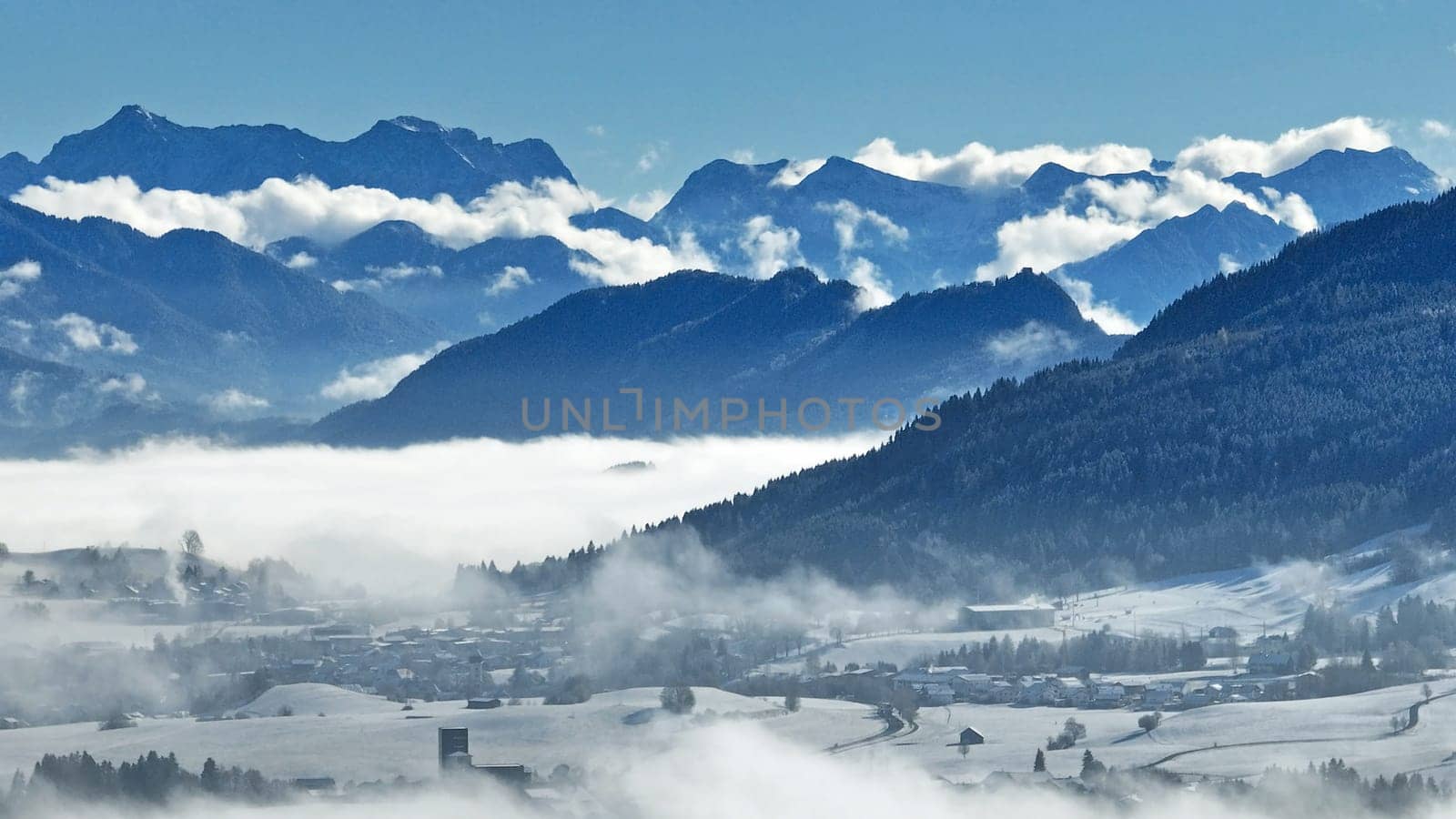 Drone photo of fog in the Allgäu Alps