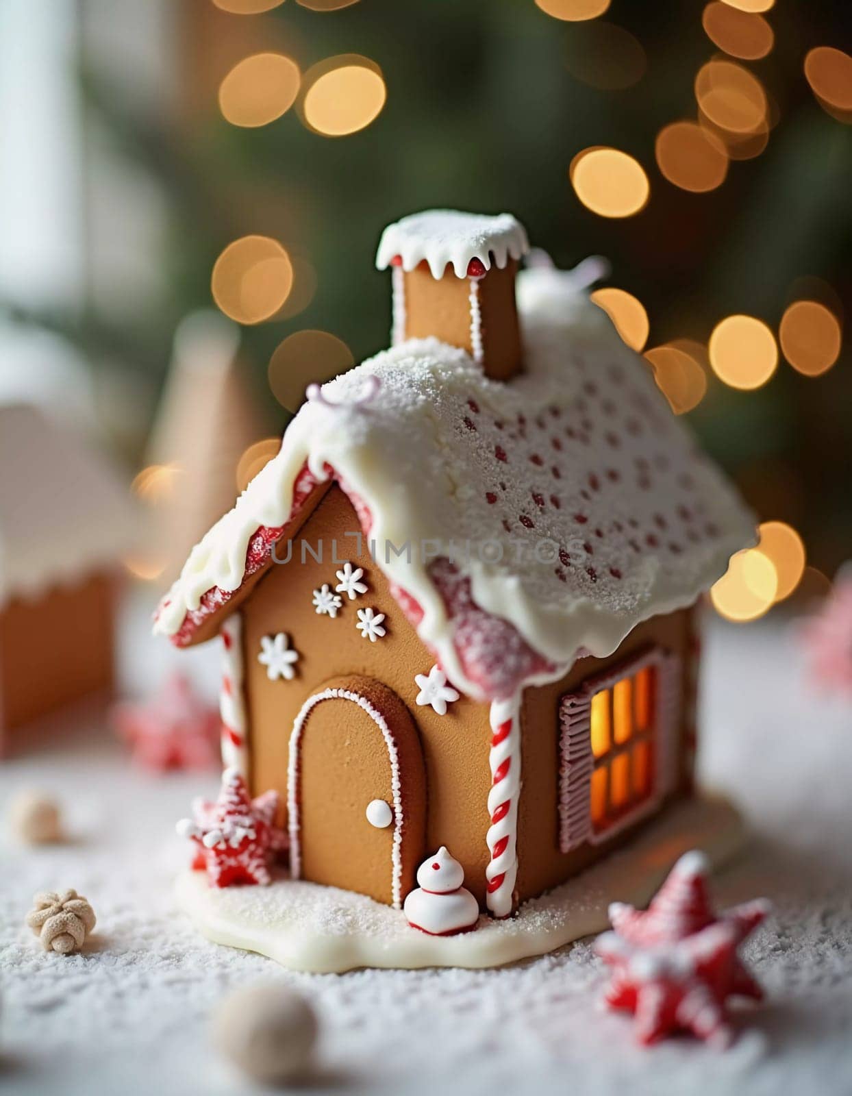 A charming gingerbread house with a snowy roof sits on a plate, surrounded by festive decorations capturing the holiday spirit. White sweet butter cream. New Year, Christmas decoration. Generative AI.