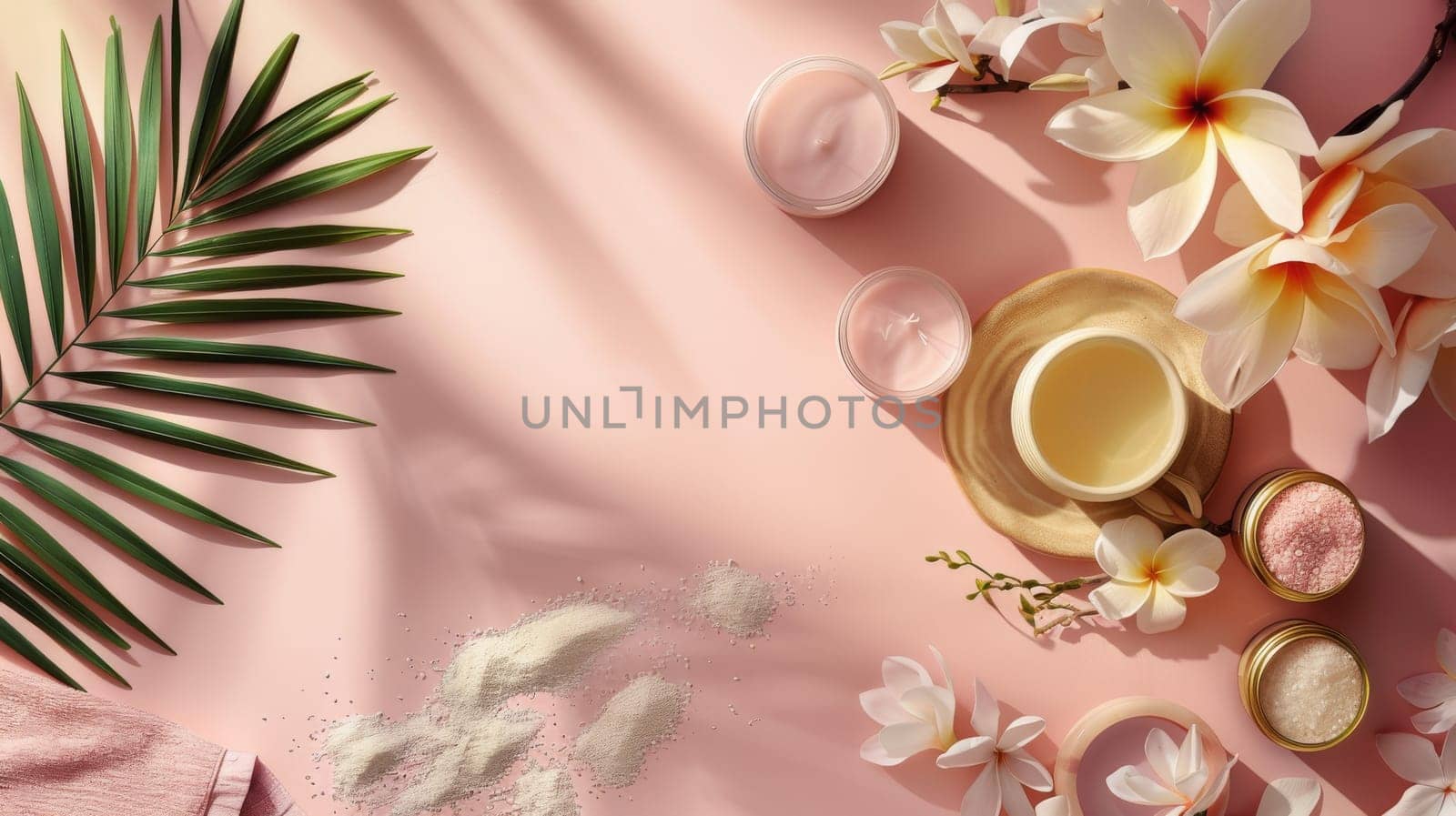 A pink background with a lot of flowers and a cup of tea. The flowers are in various sizes and colors