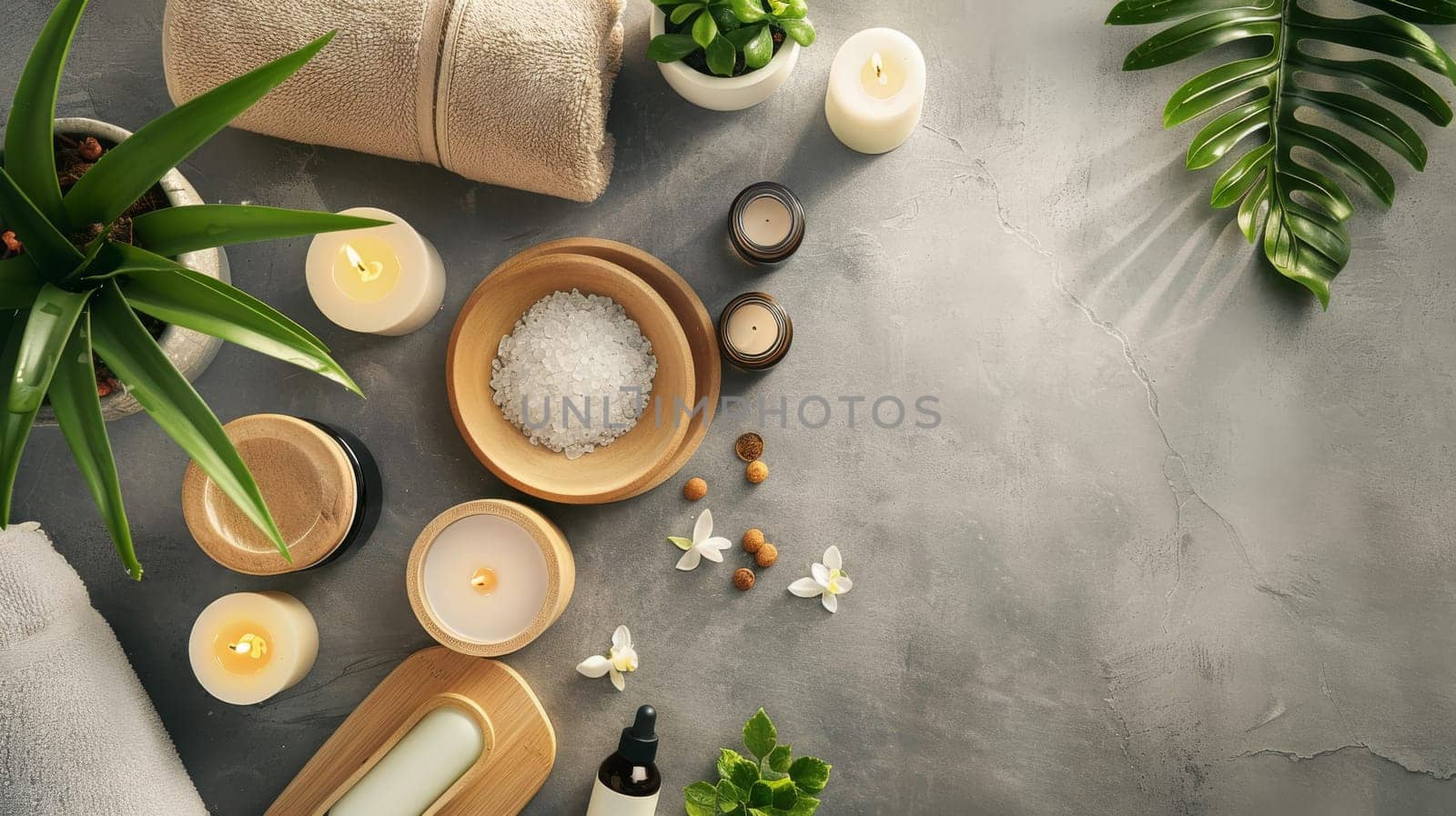 A table with candles, bowls, and plants. The candles are lit and the bowls are filled with various items. Scene is calm and relaxing