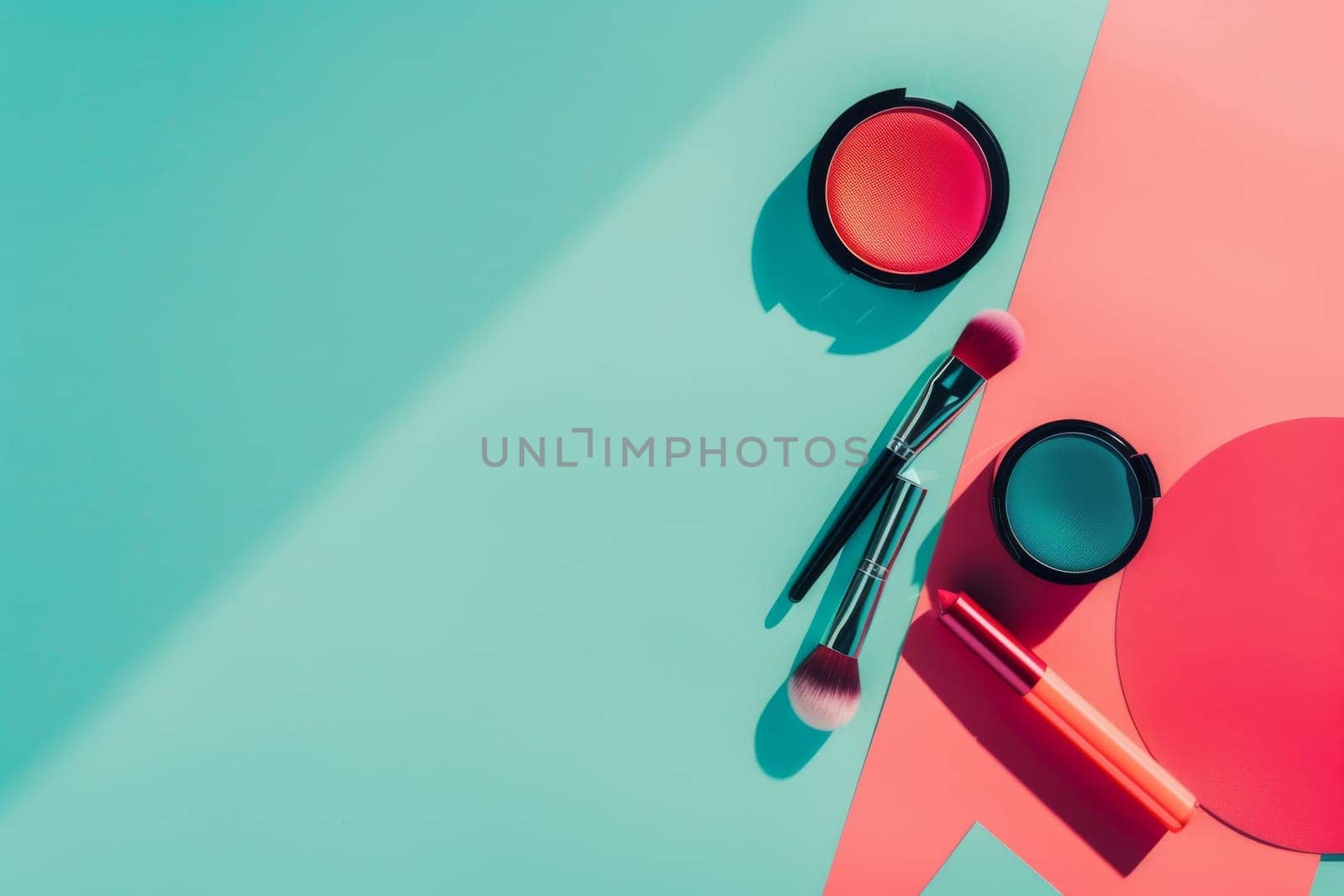 A makeup kit with a brush, a lipstick and a blush. The colors are bright and the brush is silver
