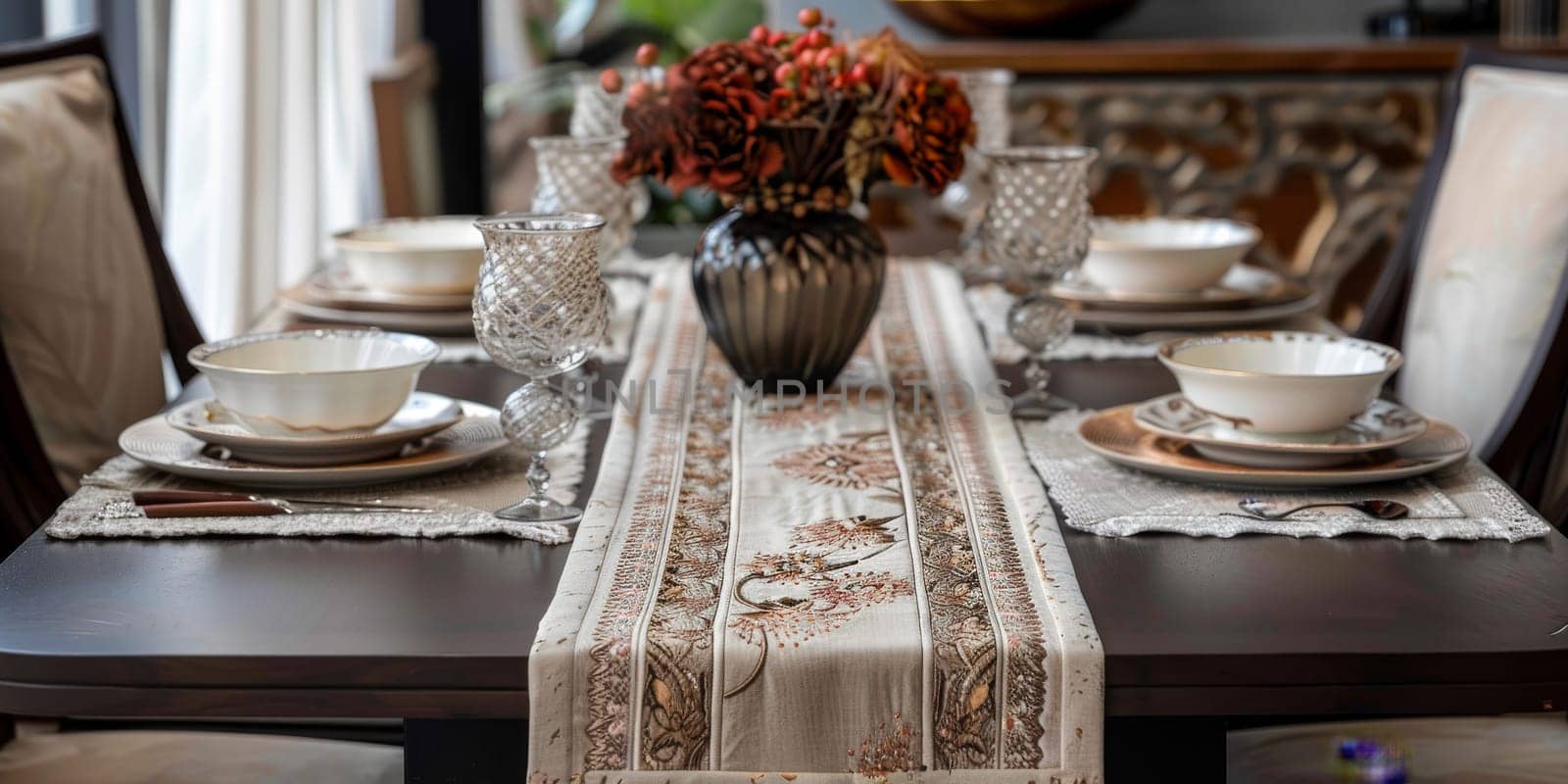 Islamic-inspired table runners with embroidered borders, enhancing dining tables with sophistication.