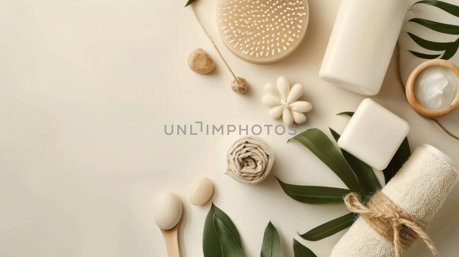 A white background with a variety of items including a bottle of lotion, a bottle of soap. Beauty and wellness layout