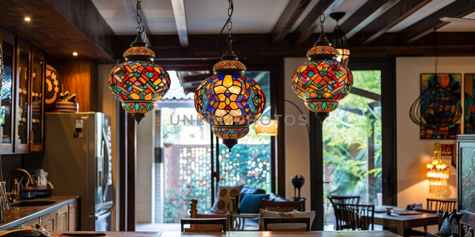 Islamic-inspired pendant lights with stained glass shades, adding ambiance to dining areas or entryways.