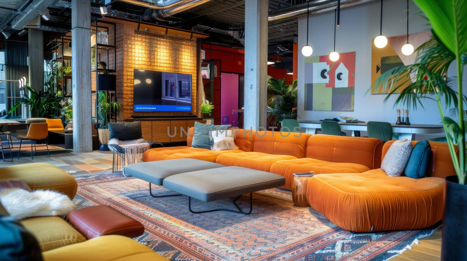 A living room with a large orange couch and a television. The room has a modern and comfortable feel, with a rug and potted plants adding to the ambiance