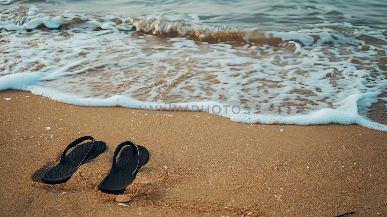 Minimalistic travel concept a pair of flip flops on a sandy shore.