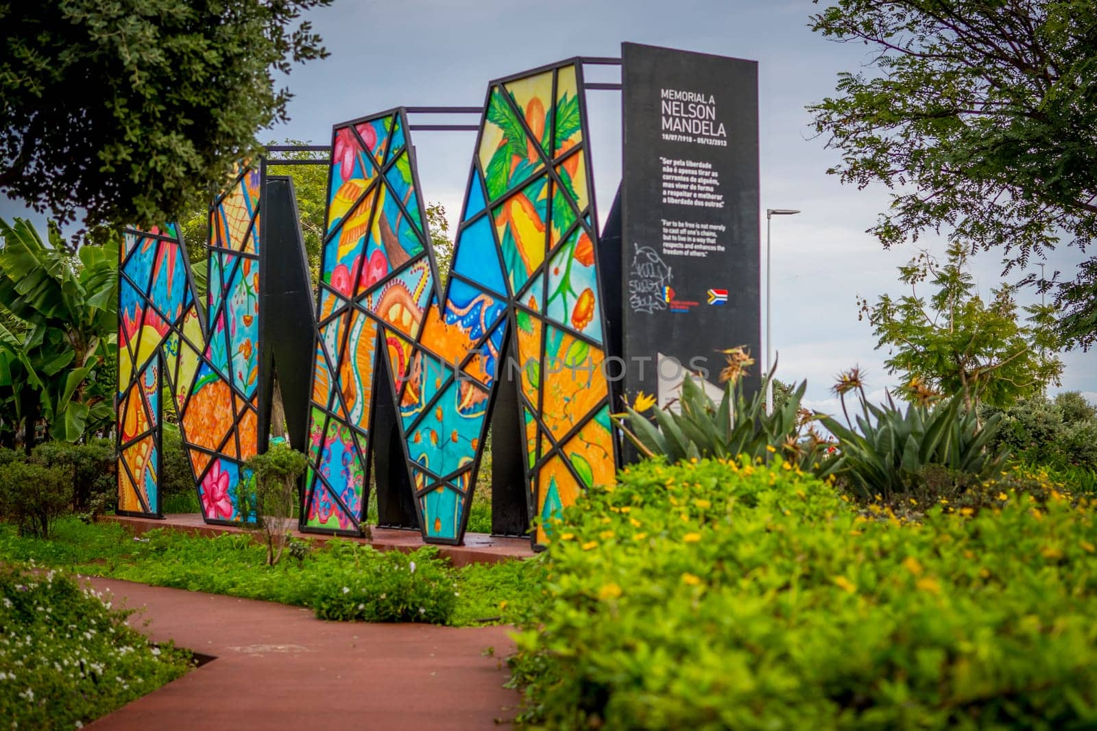 Funchal, Madeira, Portugal, November 7th 2024: View on Nelson Mandela memorial monument in Funchal, close to Praca do Povo, Madeira