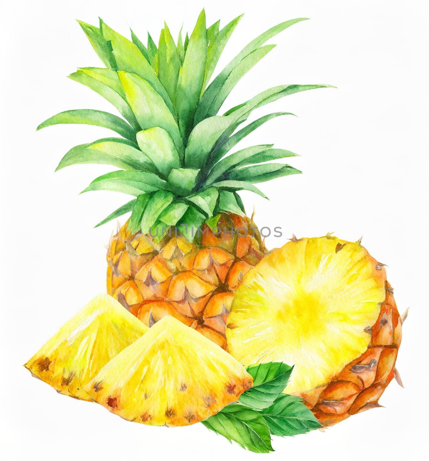 pineapple with green leaf and slices isolated on white background