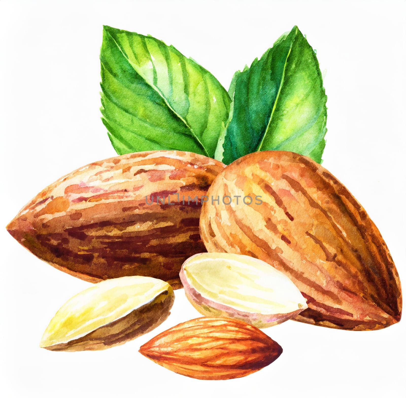 Almonds with Green Leaves - Watercolor Illustration