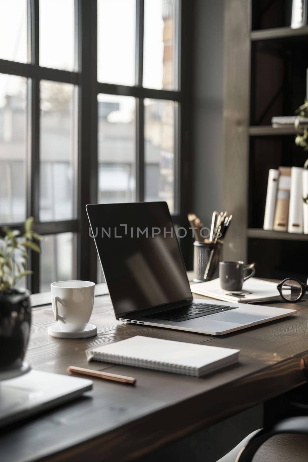 Modern corporate workspace with business supplies.