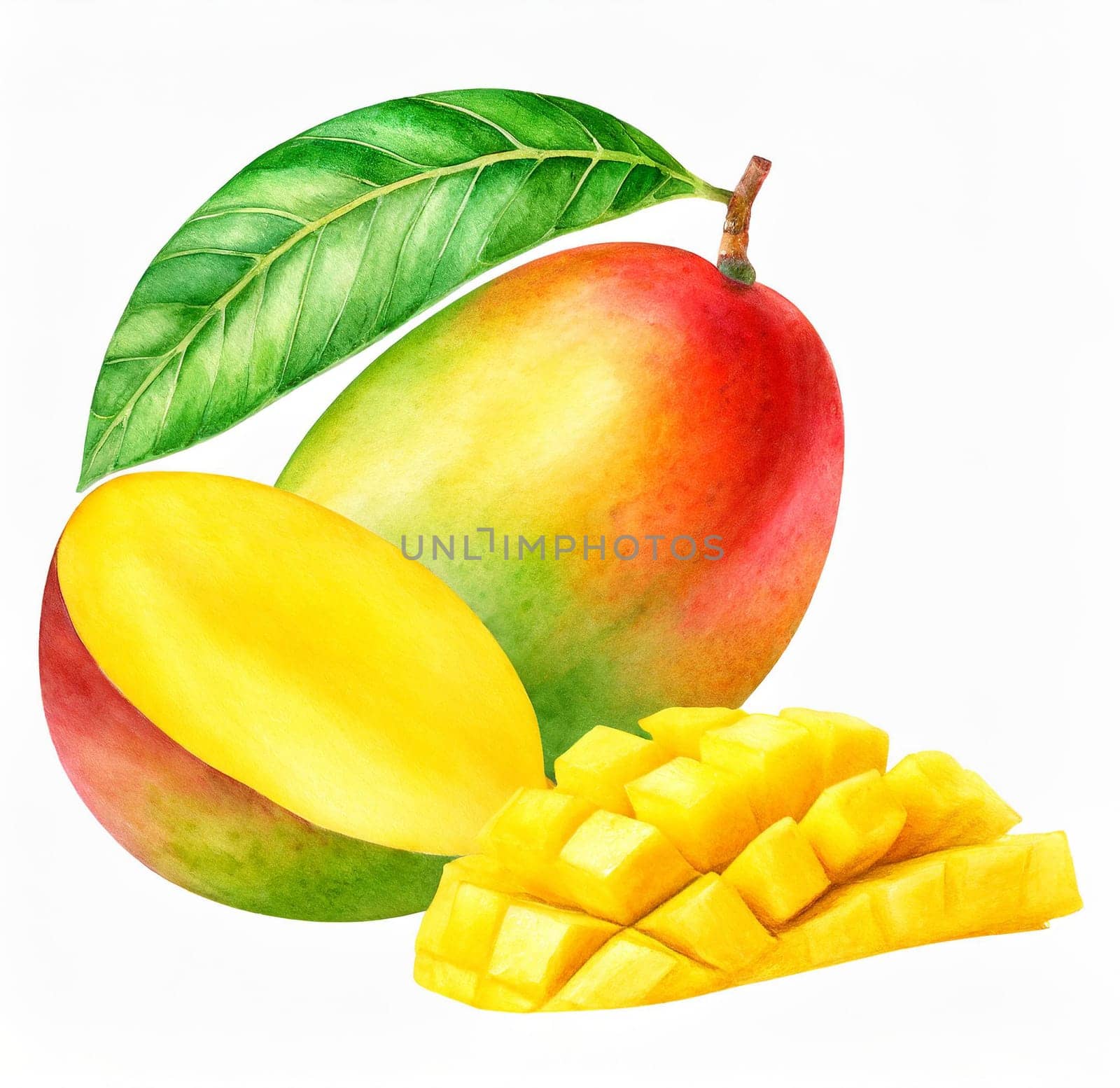 mango with green leaf and slices isolated on white background