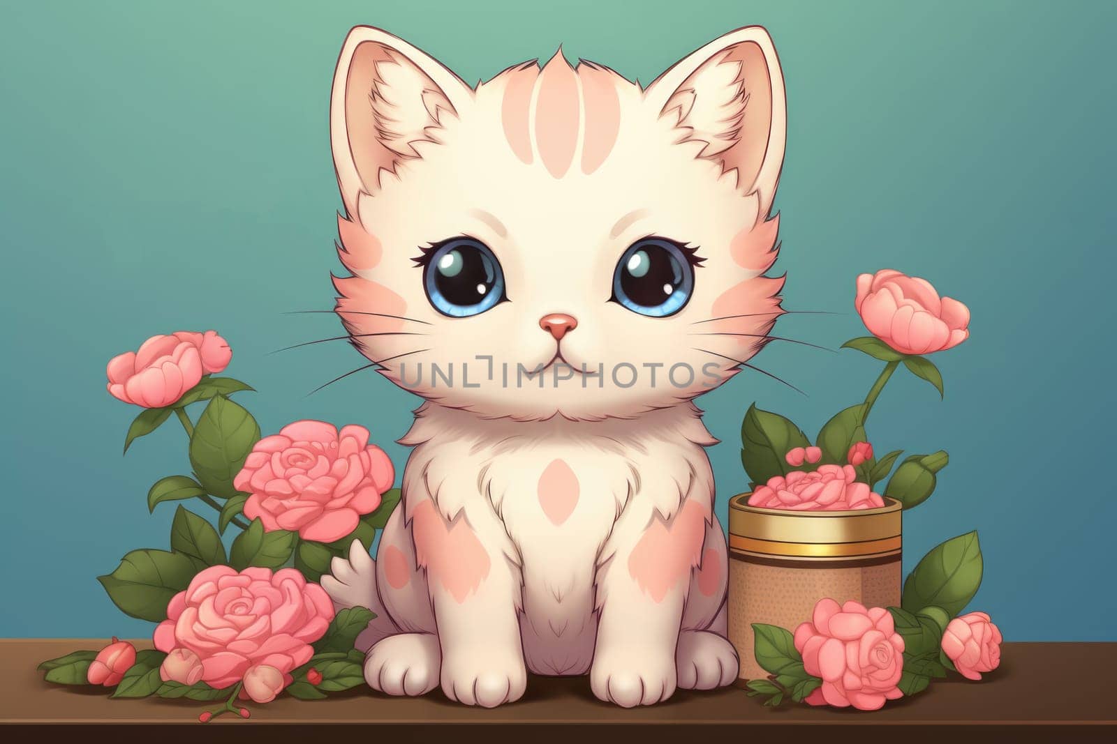 Adorable Kawaii Cat with Flowers. Cute Anime Style Illustration