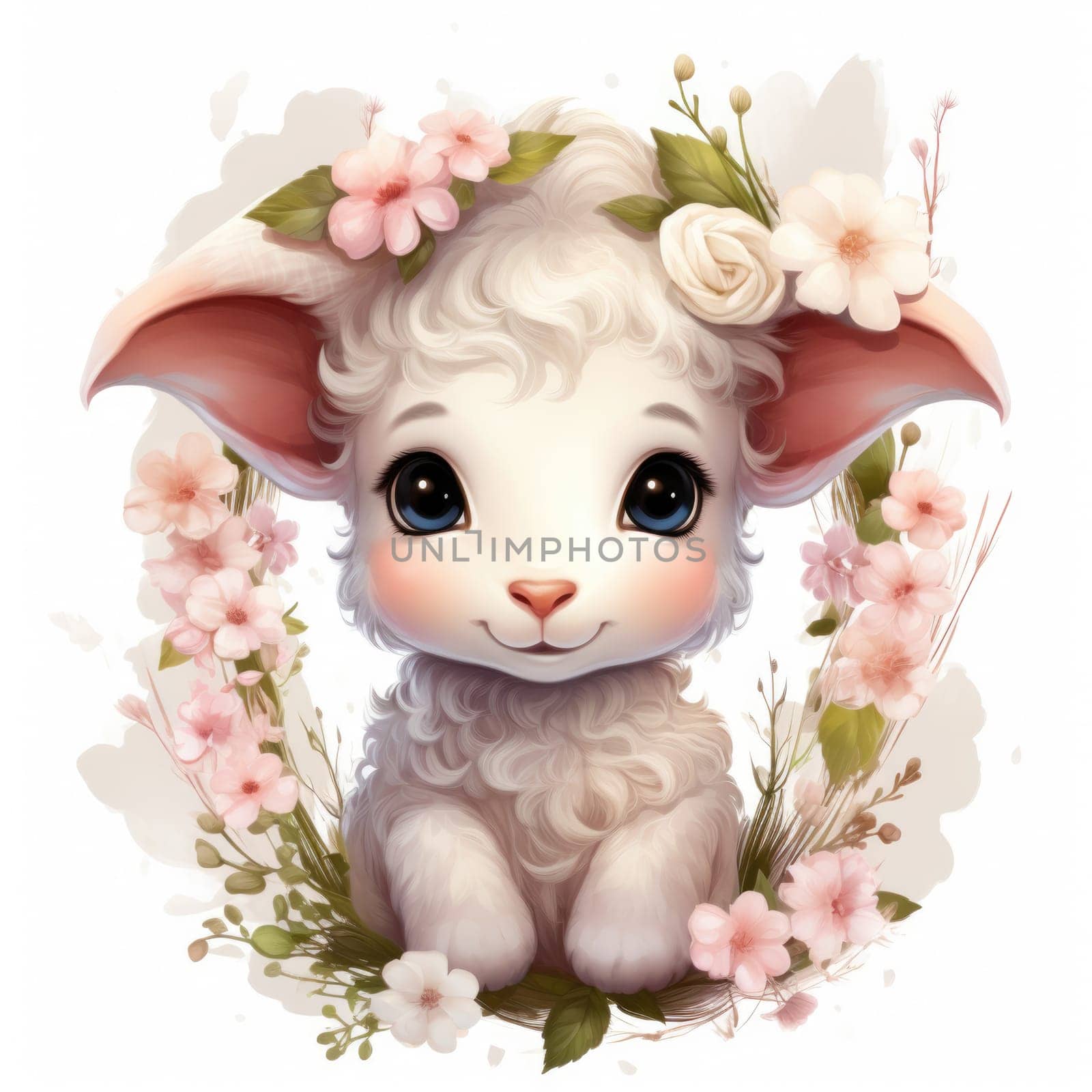Cute lamb in flower wreath illustration. Funny baby character in spring wildflowers and herbs