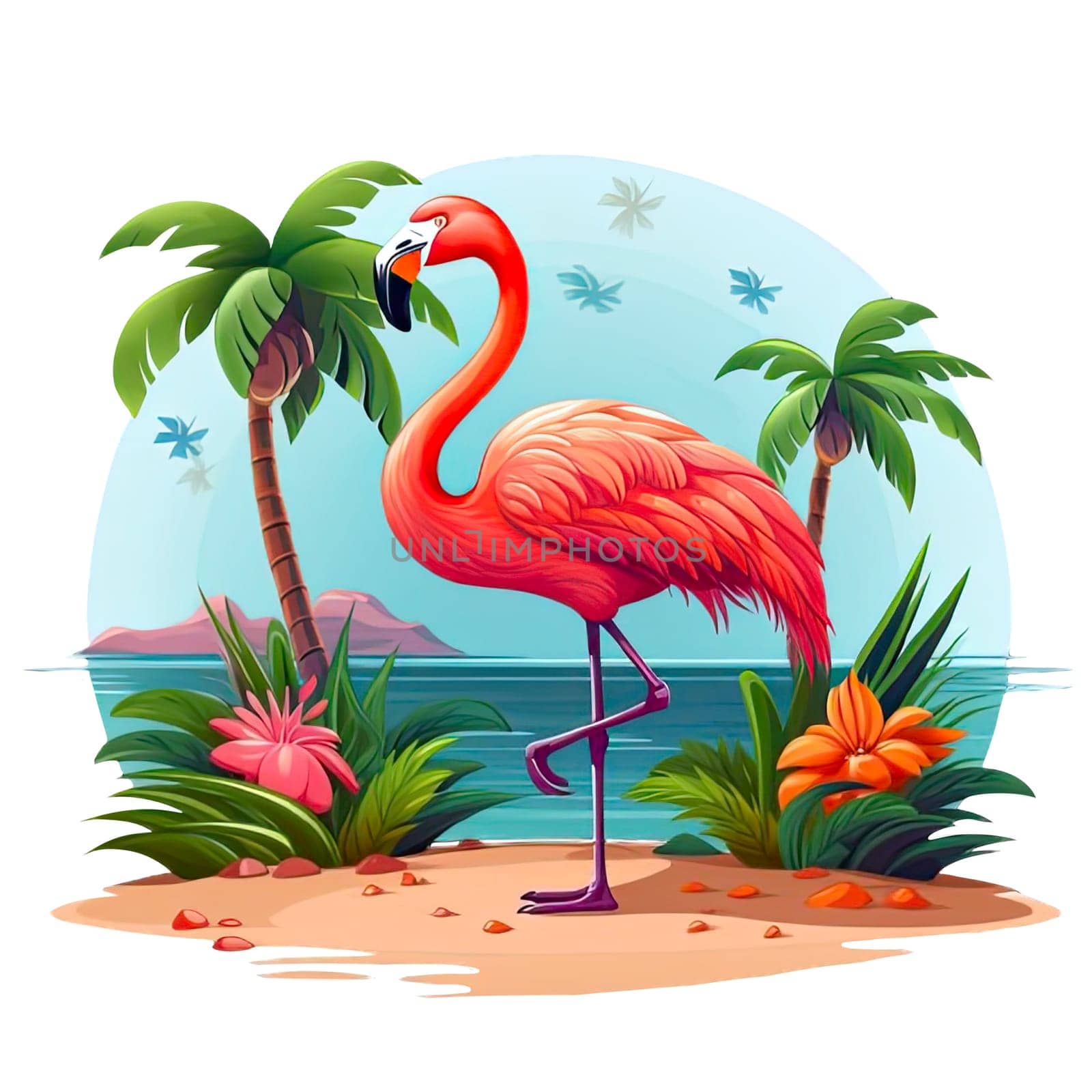 Pink flamingo on paradise island clip art illustration. Flamingo on vacation. Bird with palm trees on the background of a beach with the sea