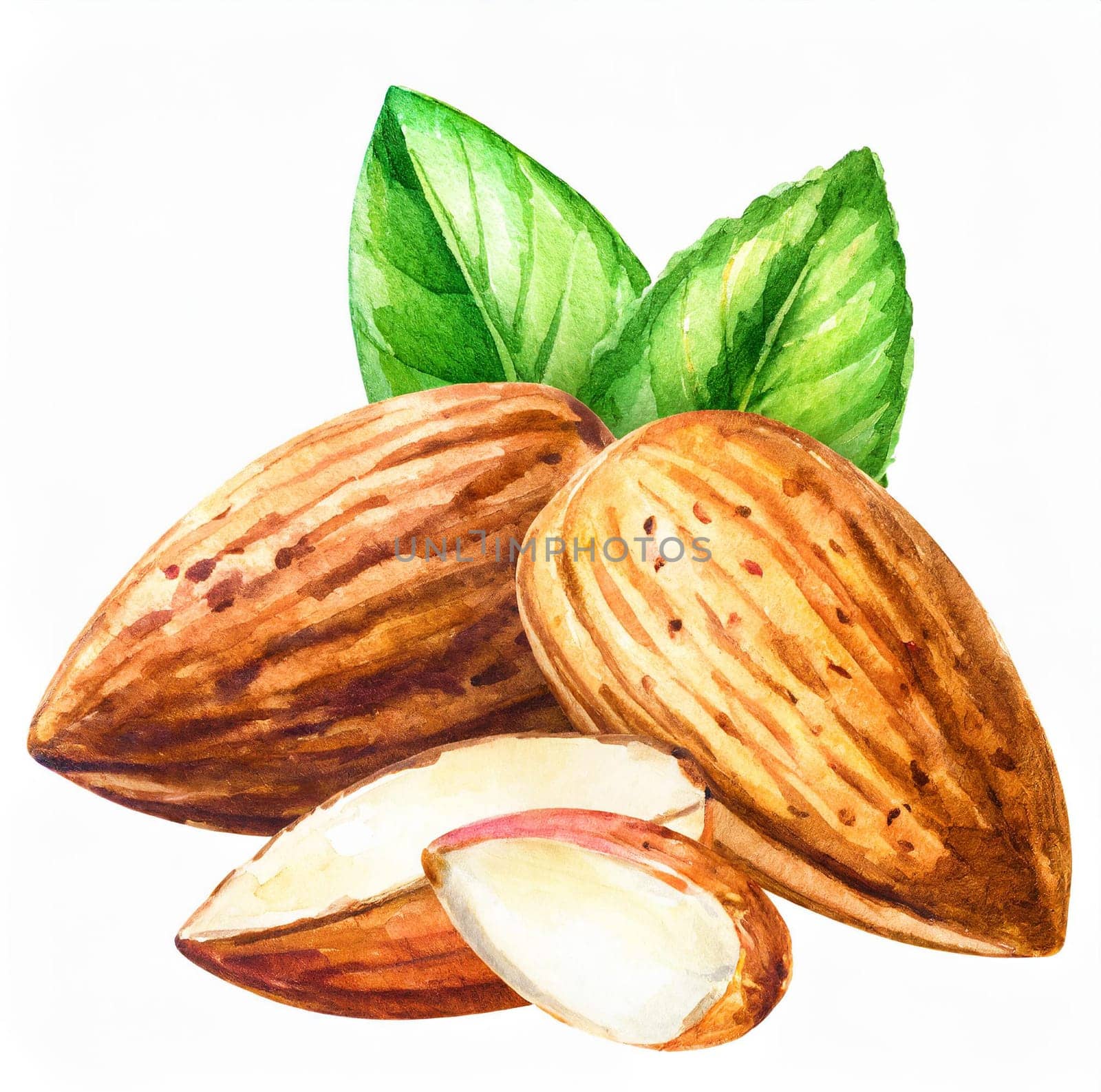 Almonds with Green Leaves - Watercolor Illustration