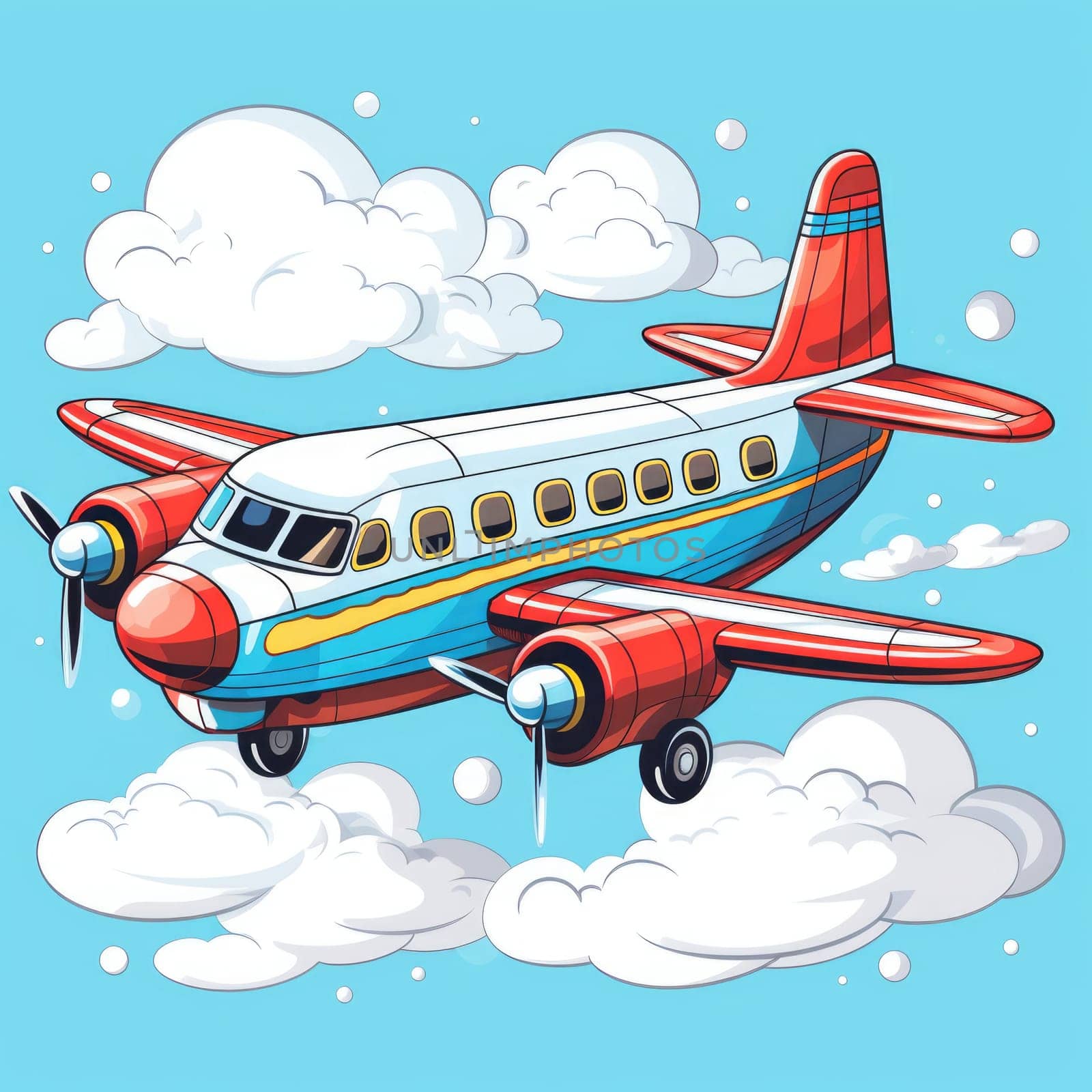 Airplane in blue sky with clouds illustration. Baby flying vehicle in the cloudy sky. Flight, tourist travel
