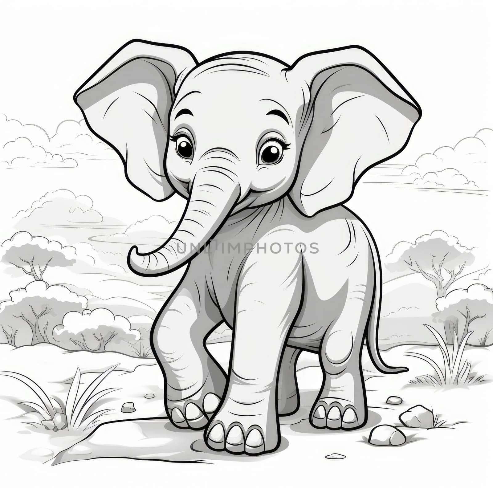 Baby elephant in africa coloring page. Baby outline illustration elephant. Wild animal ink sketch