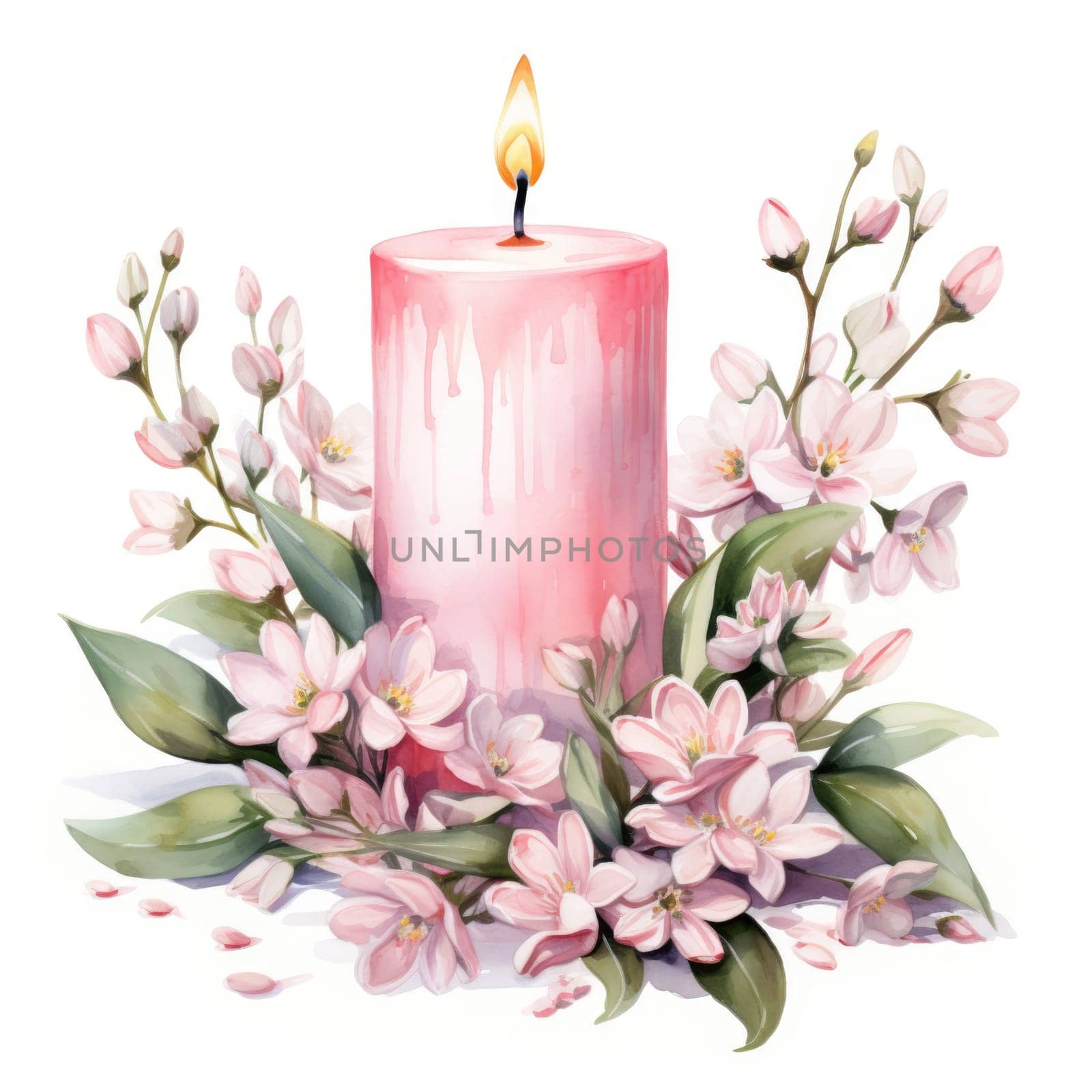Burning candle decorated with flowers watercolor illustration. Wedding festive attribute - candle with delicate pink flowers clip art