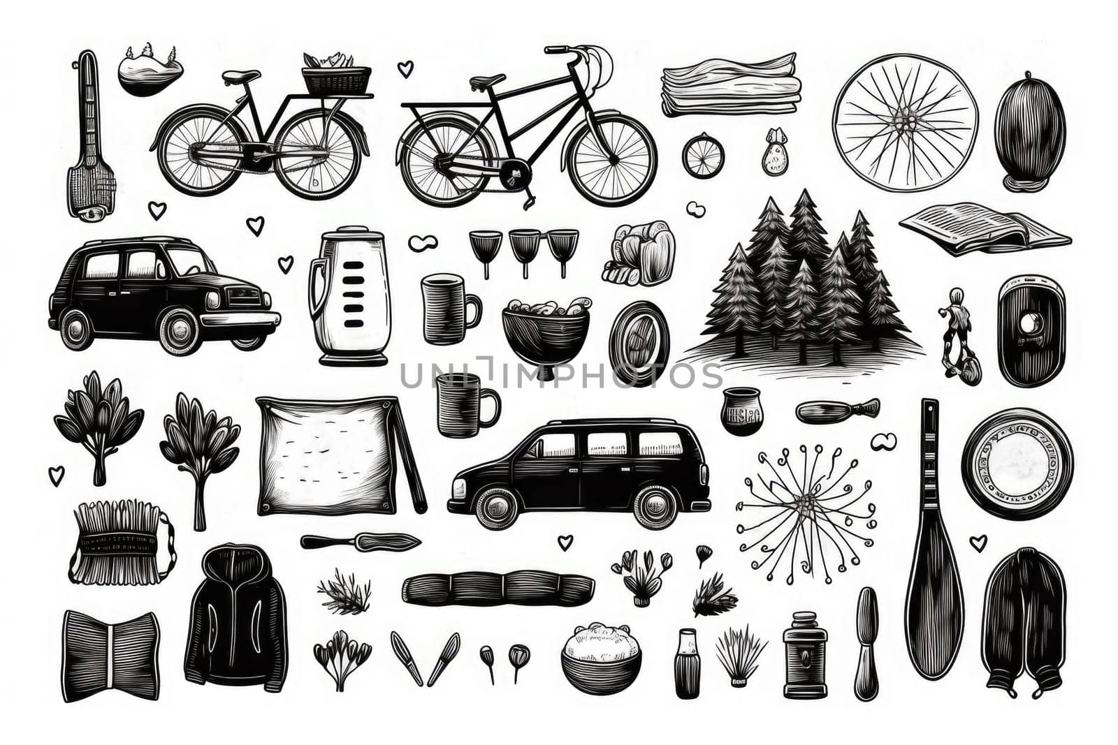 Travel and exploration ink doodle sketch illustration. Set of tourism, hiking, vacation elements