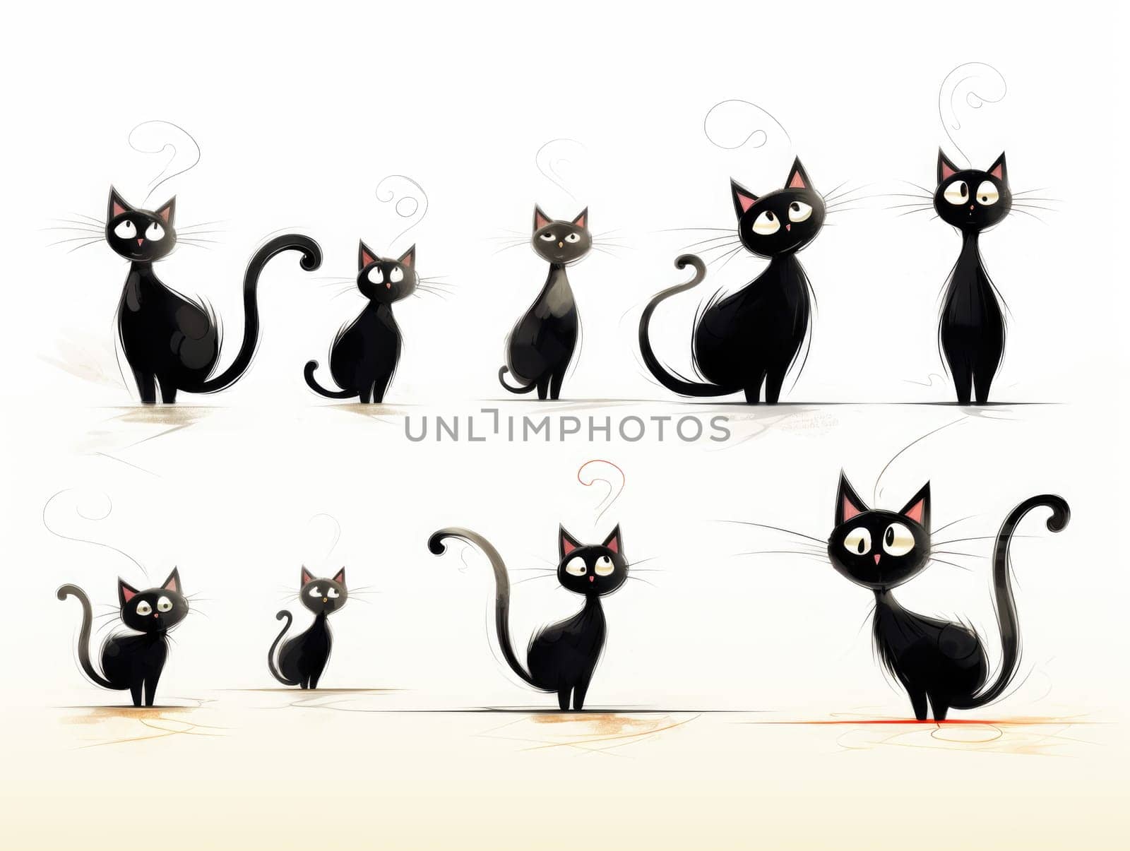 Several cats are depicted in different poses, in style of playful line drawings, soft and round shapes and lively facial expressions.
