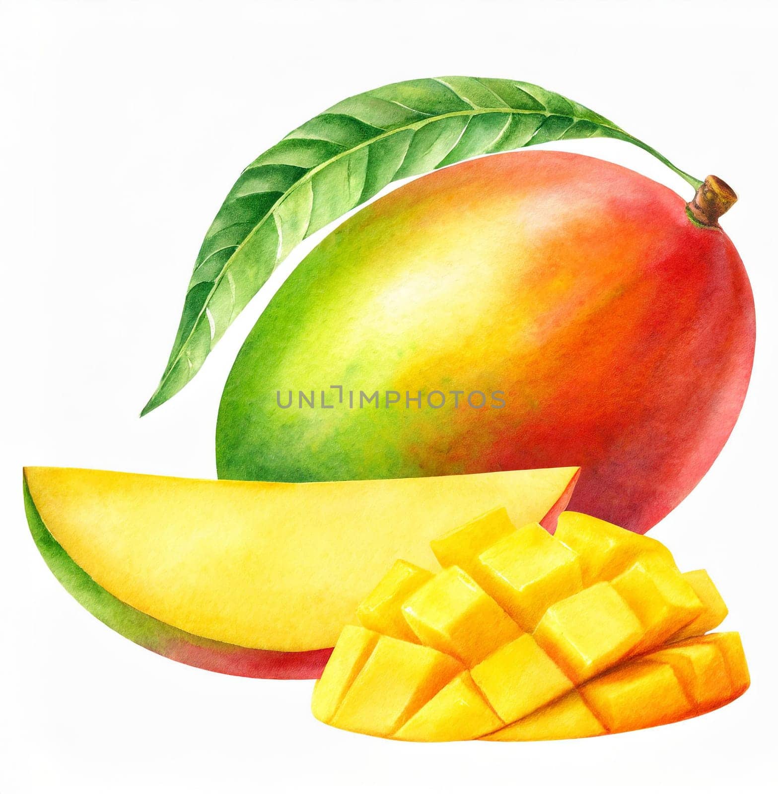 mango with green leaf and slices isolated on white background