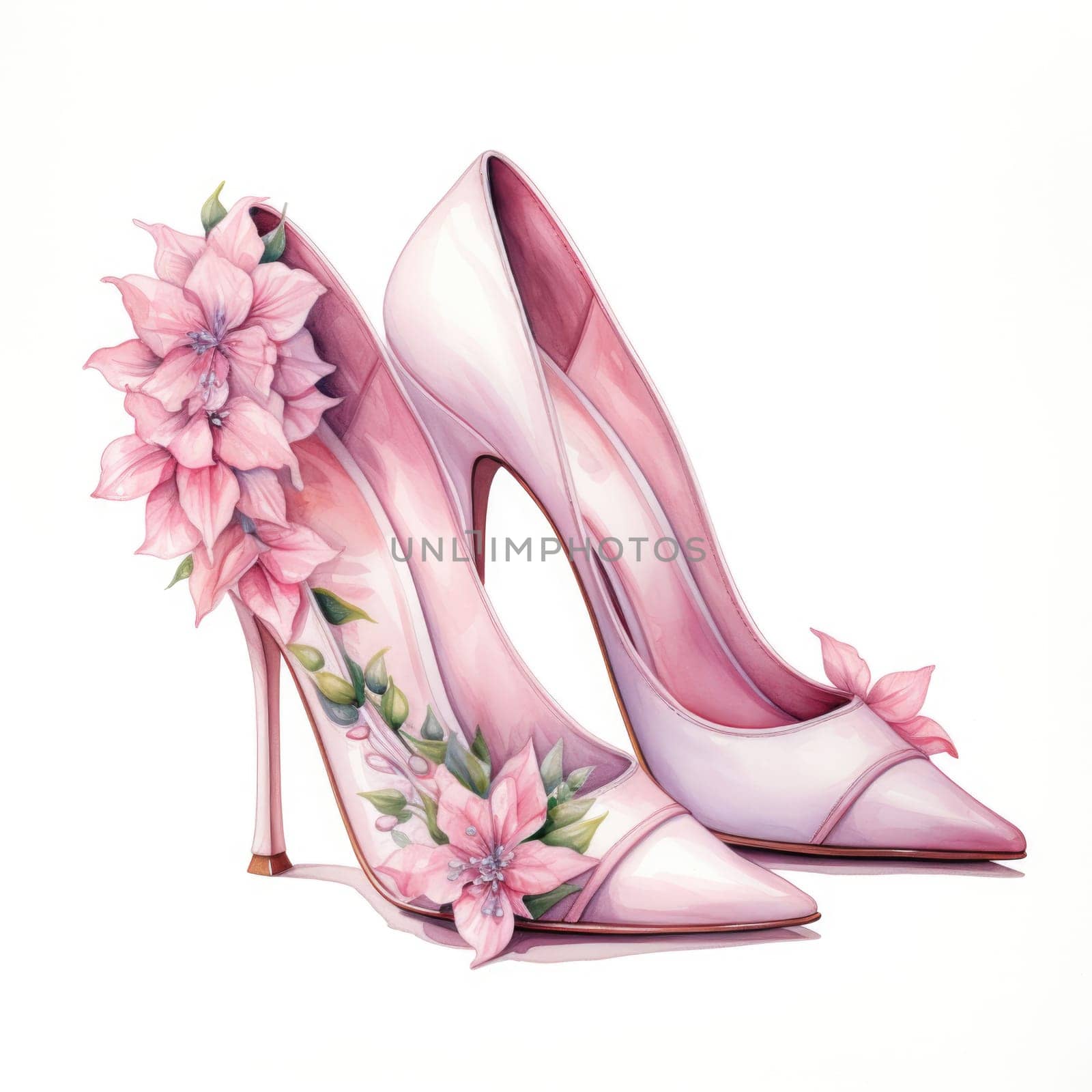 Beautiful women's stilettos watercolor illustration. Festive shoes decorated with pink flowers for wedding