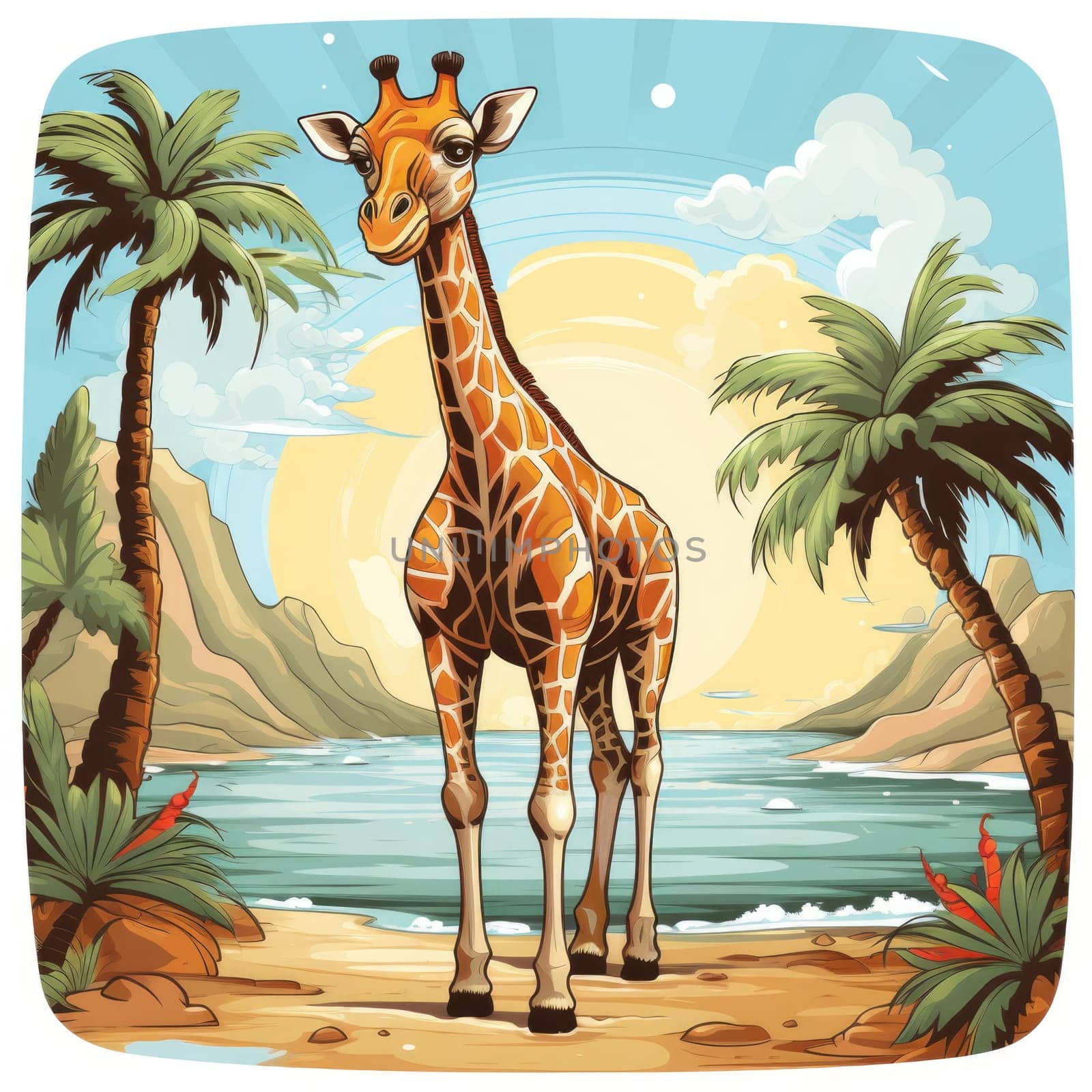 Illustration of giraffe on tropical beach, with ocean and palm trees. Children's card with character. Giraffe on vacation, rest