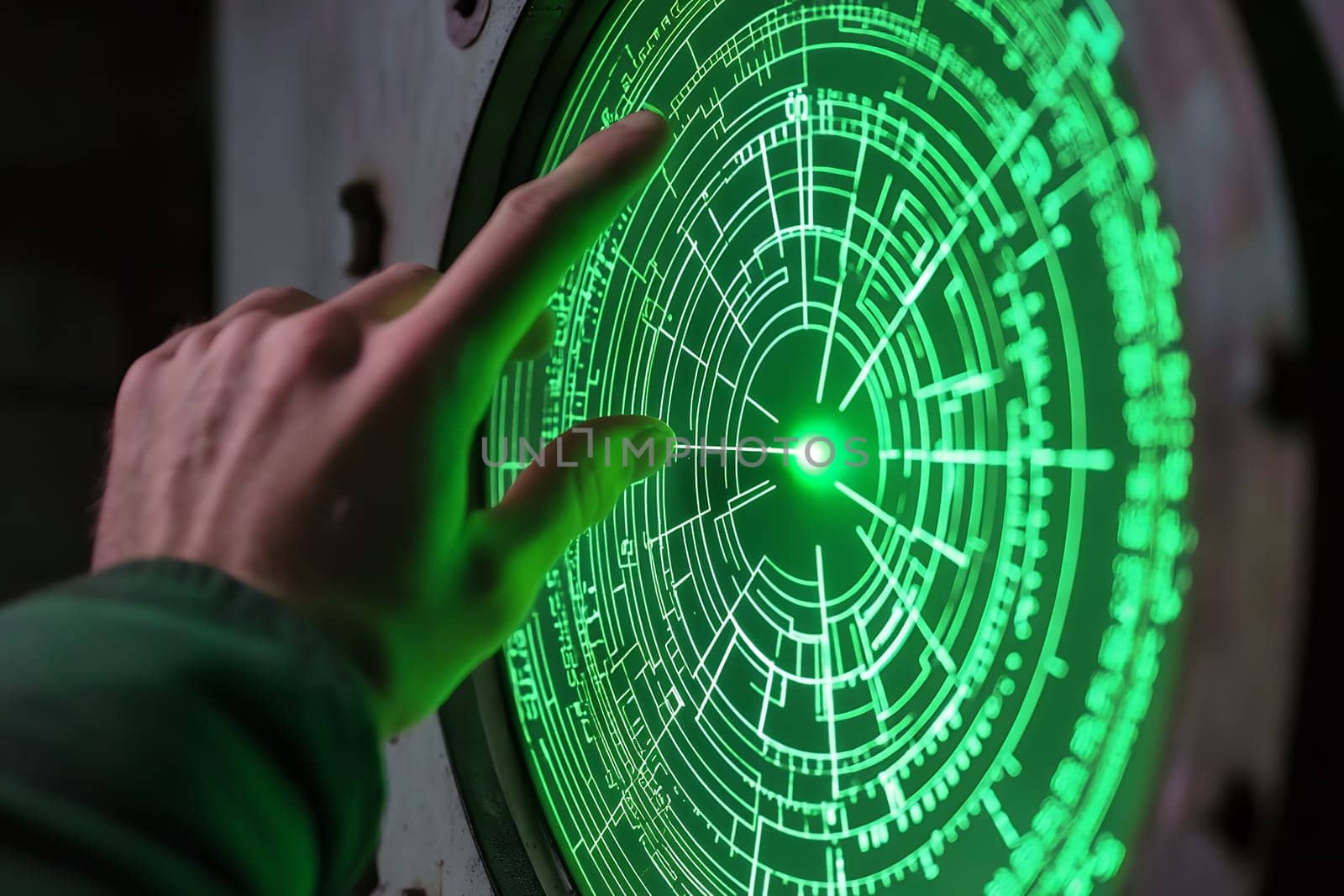 A hand reaches towards a glowing radar screen displaying data, symbolizing technology and navigation.