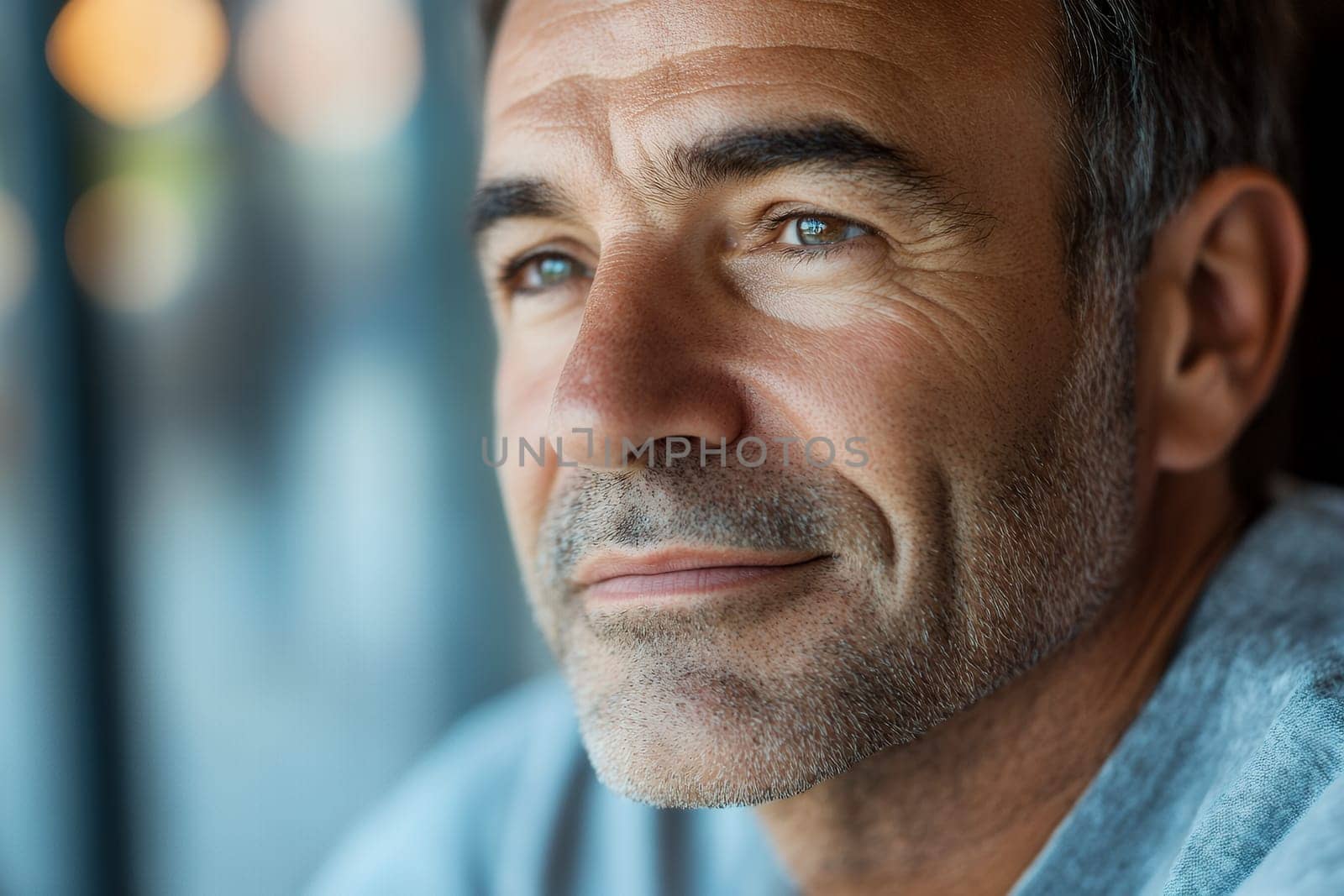 Close-up portrait of a thoughtful mature man with a gentle smile, captured in soft natural light.