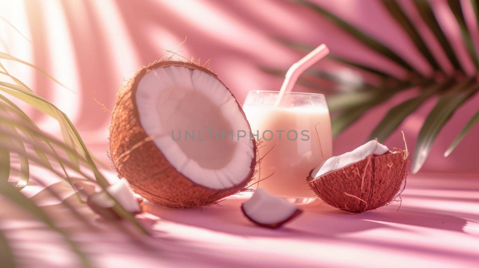 Coconut milk in glass glass with broken coconuts and palm branches on pink background. Plant milk, exotic tropical product. Healthy vegan food