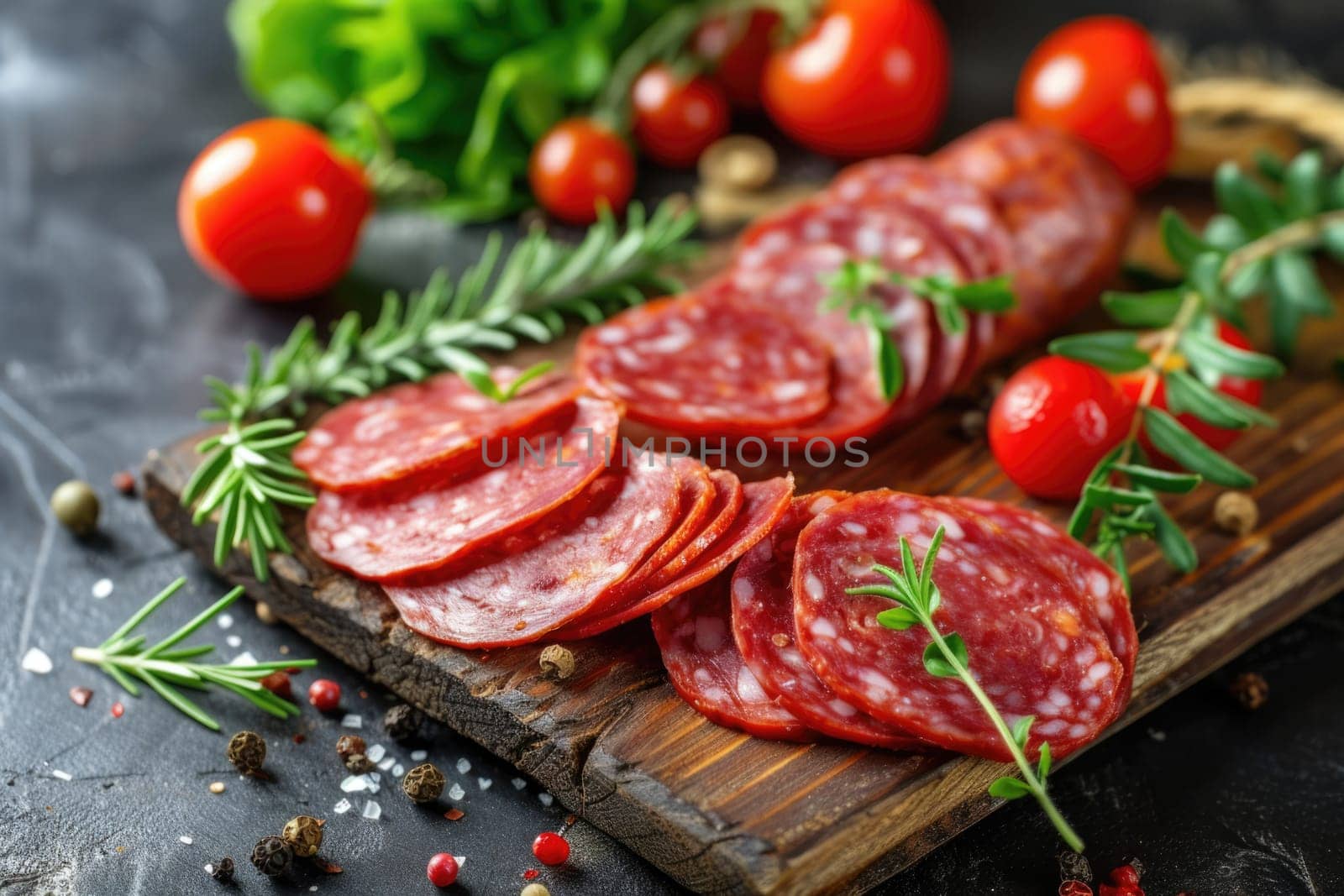 Sliced raw smoked sausage. Slices of salami lie on cutting board surrounded by cherry tomatoes, sprigs of marinade and spices